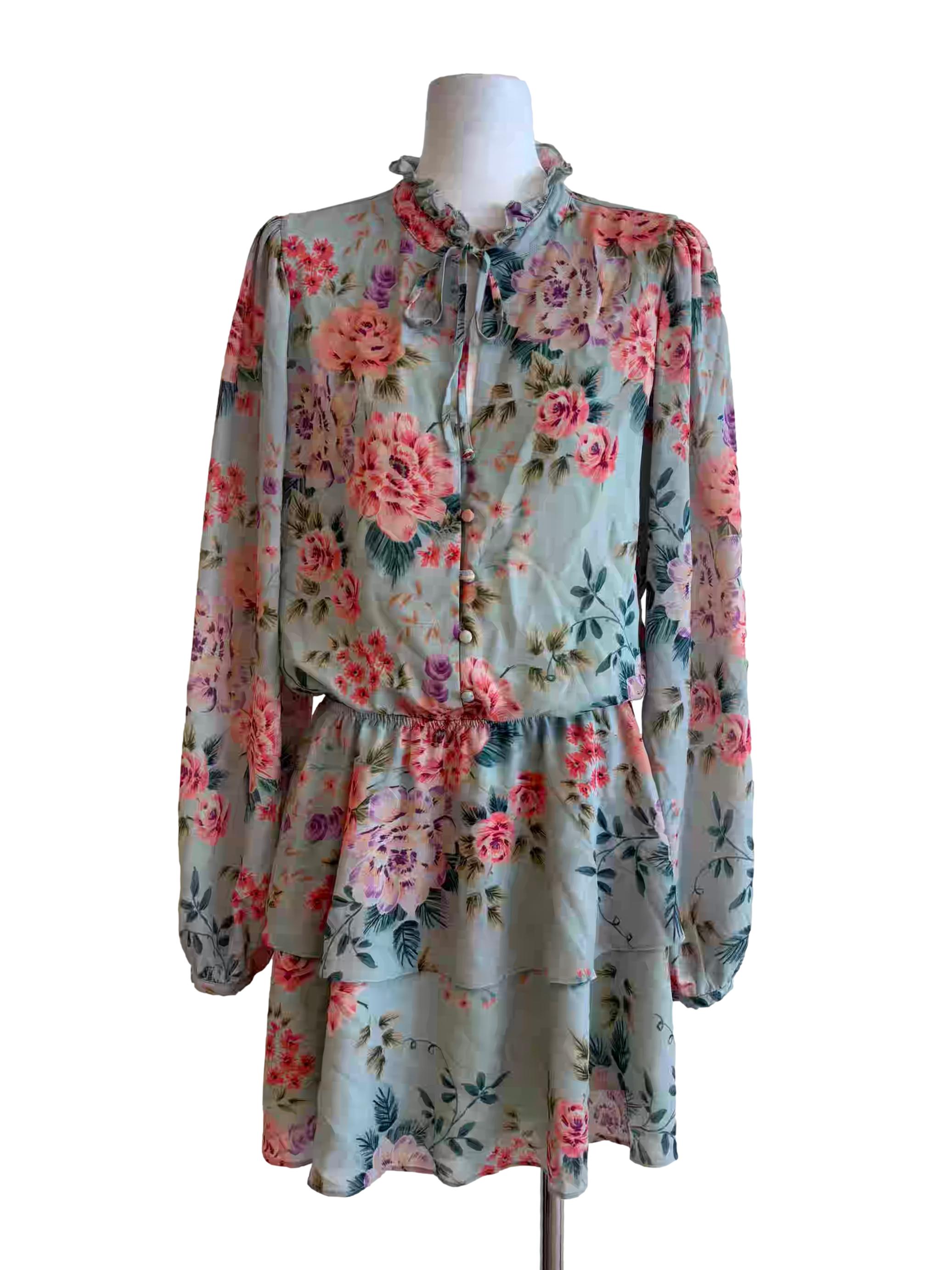 Tiffany Blue Long Sleeve Floral Chiffon Dress