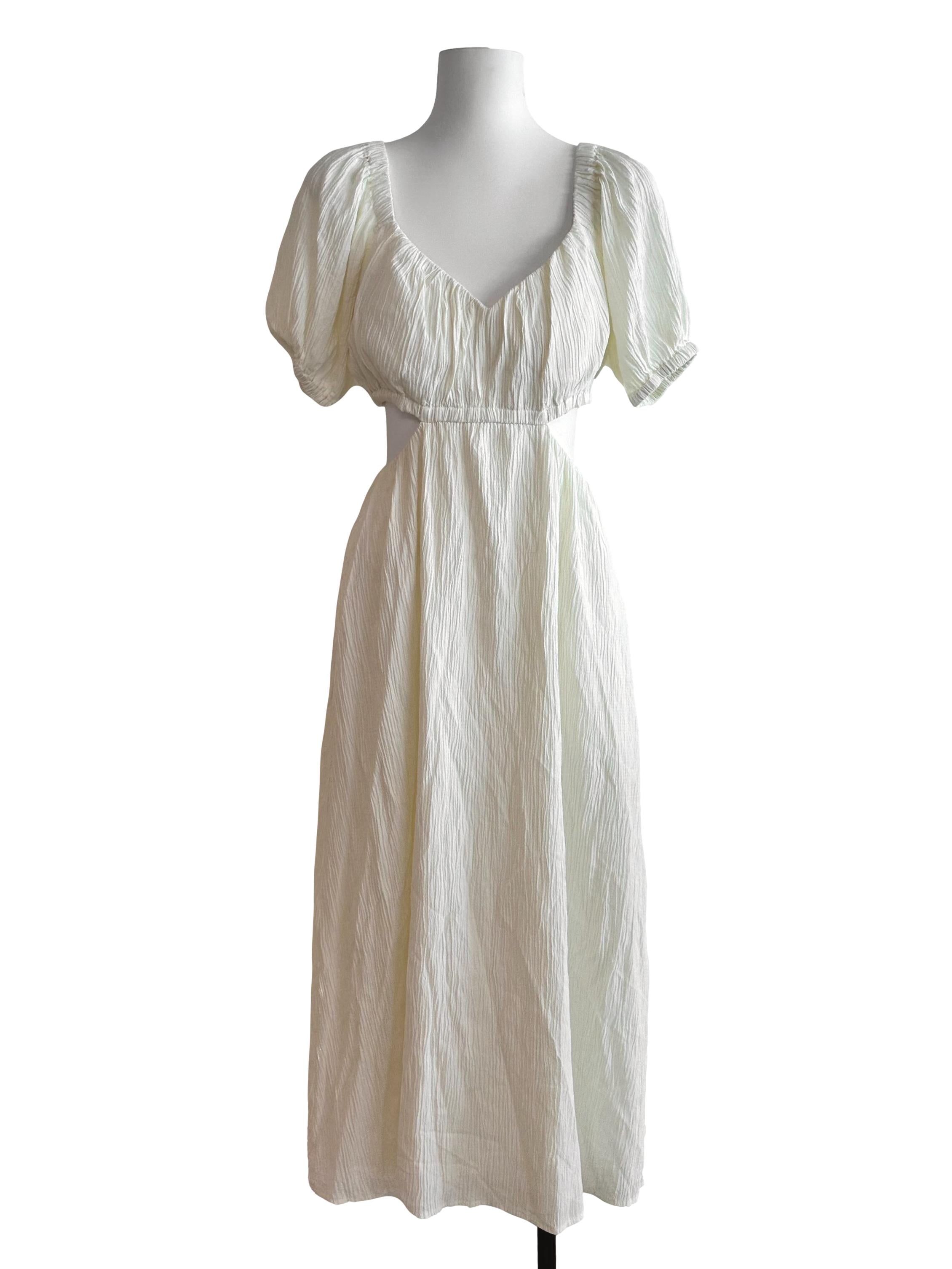 Cream White Textured Side Open V Neck Dress LB