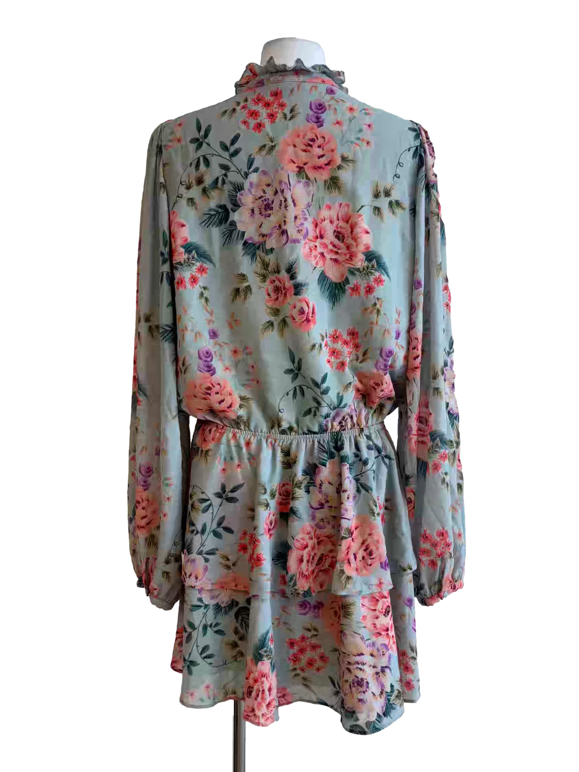 Tiffany Blue Long Sleeve Floral Chiffon Dress