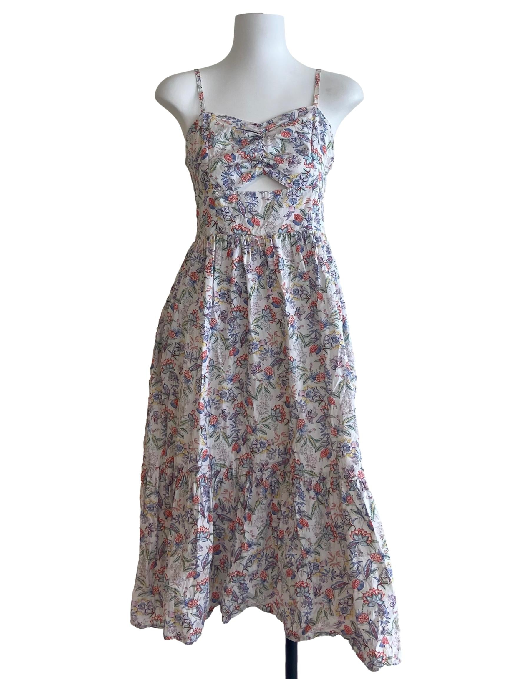 White & Floral Spaghetti Strap Drop  Waist Dress