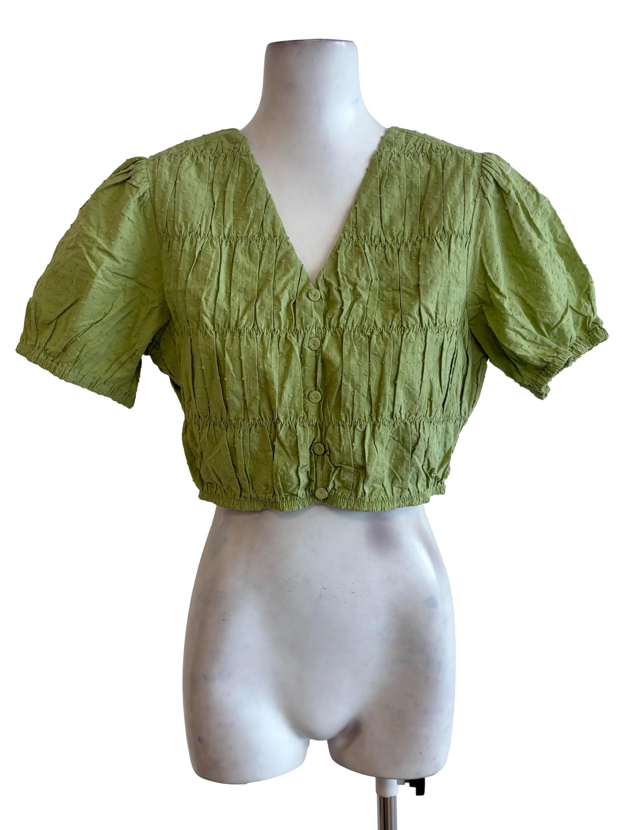 Green Button Up Pleated Top