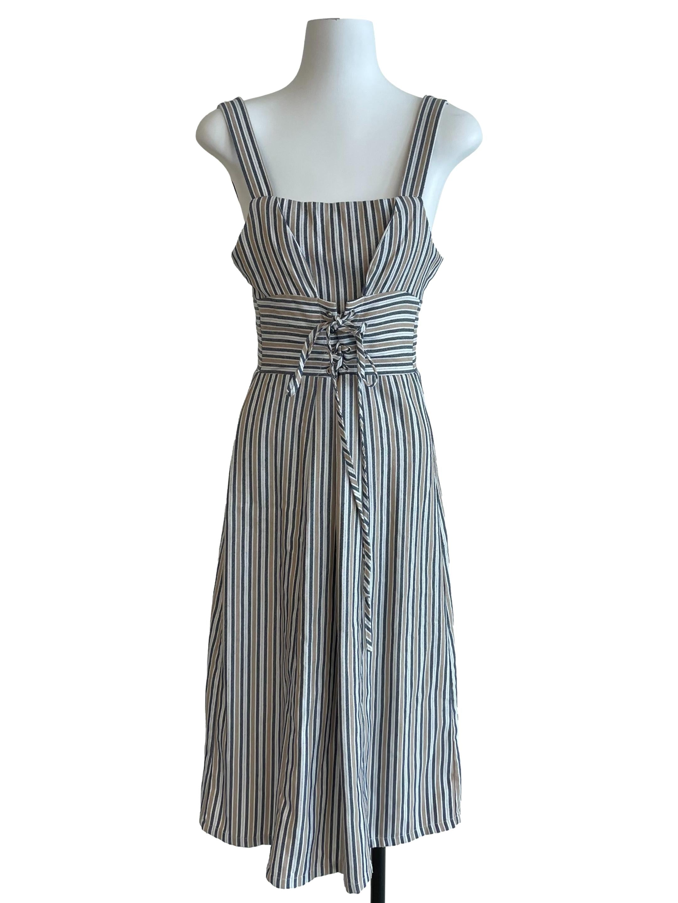 White Stripe Lace Up Dress
