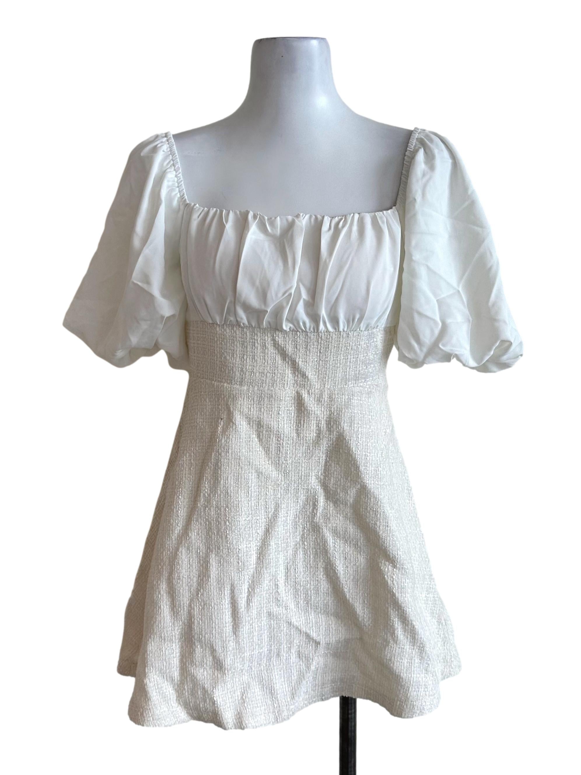 White Beige Tweed Square Neck Dress
