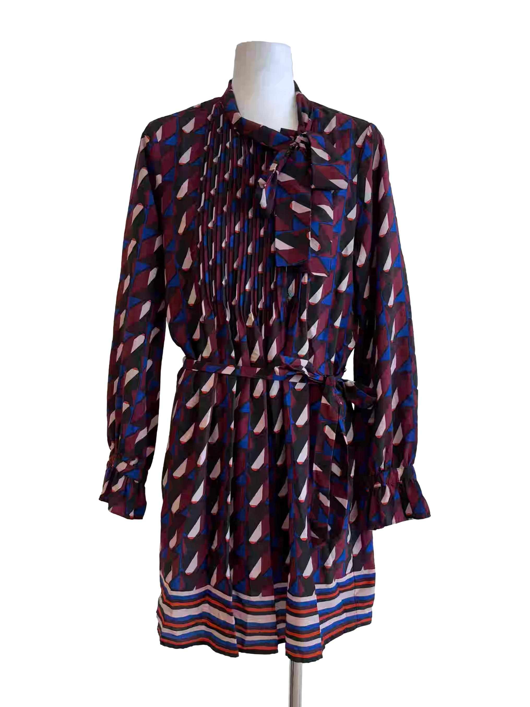 Wine Red Abstract Print Long Sleeve Dress