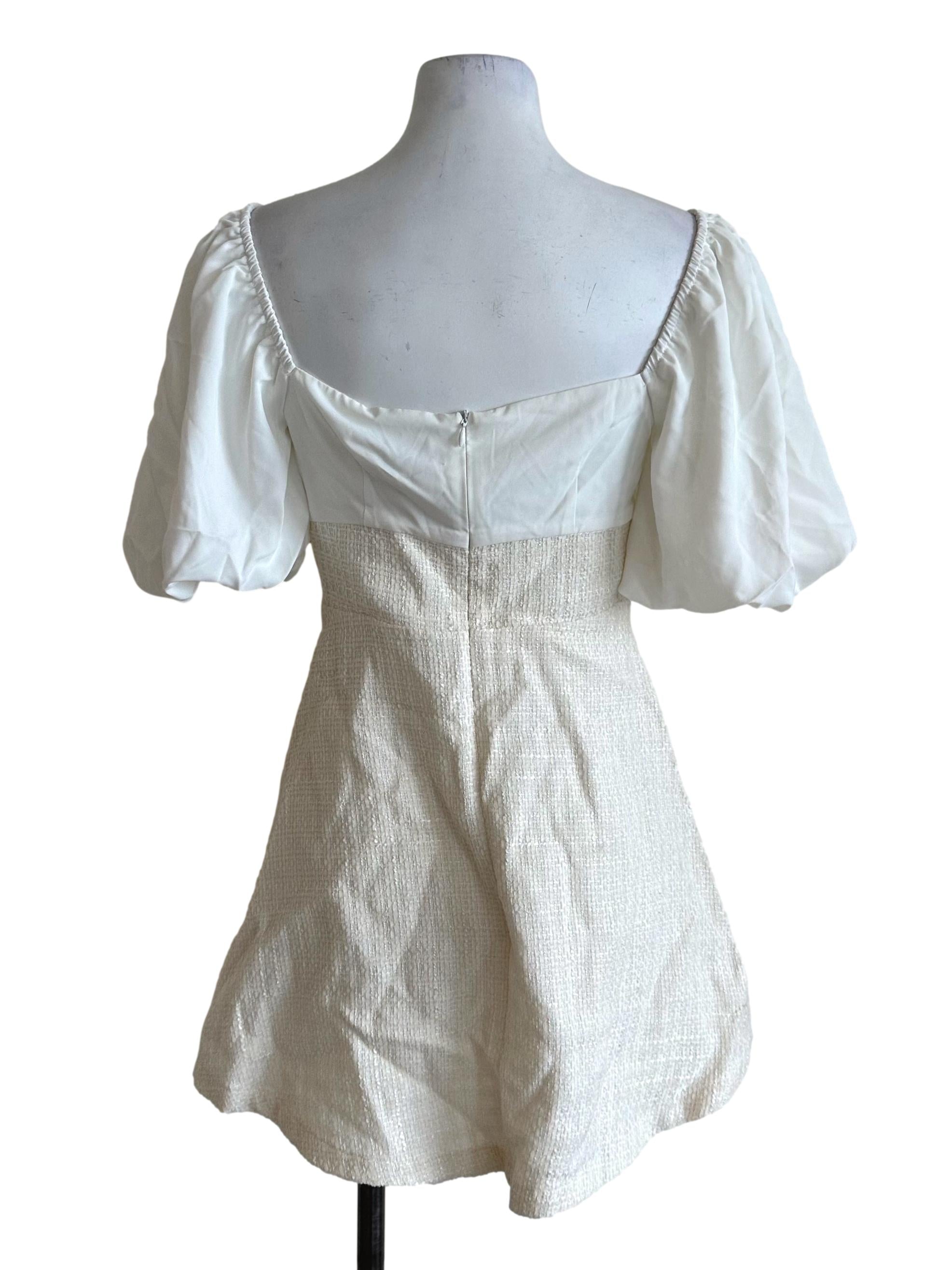 White Beige Tweed Square Neck Dress