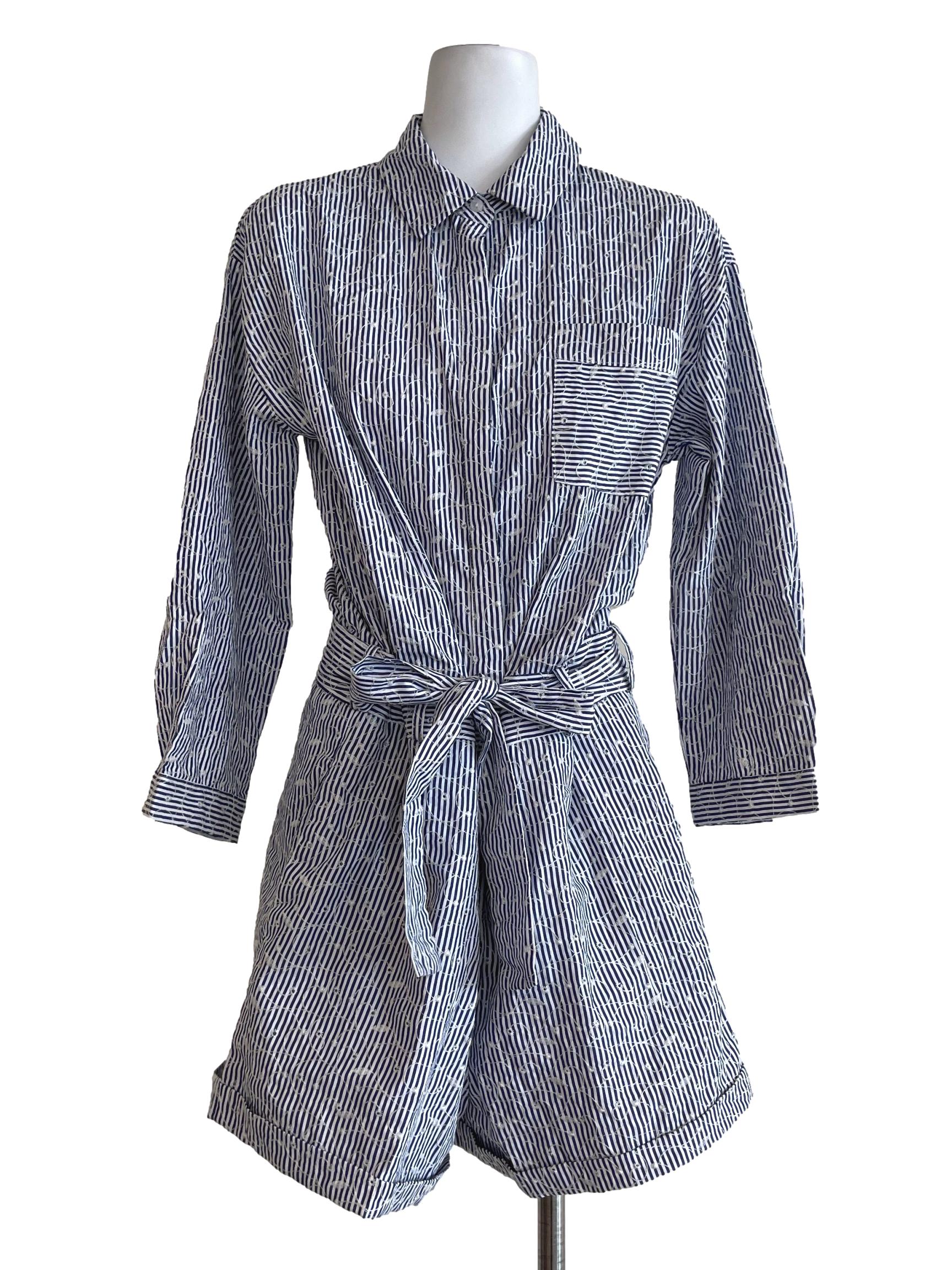 Blue Stripes Embroidered Overalls