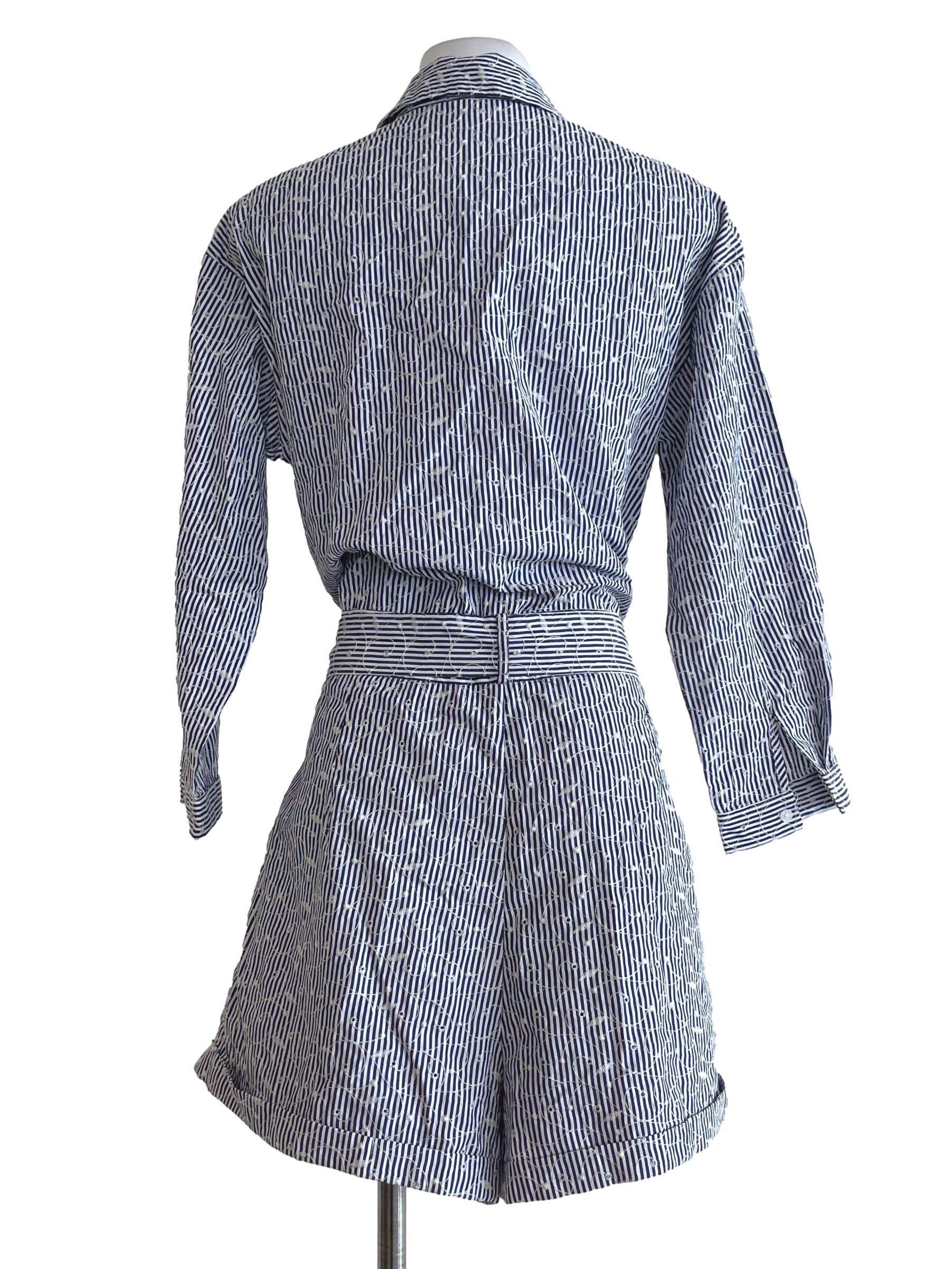 Blue Stripes Embroidered Overalls