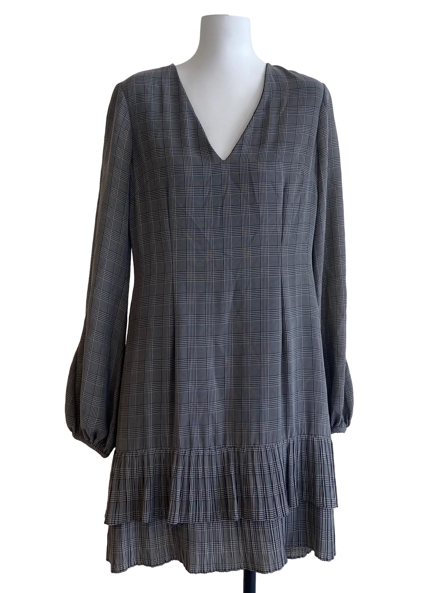 Black Tartan V-Neck Pleated Drop Waist Dress