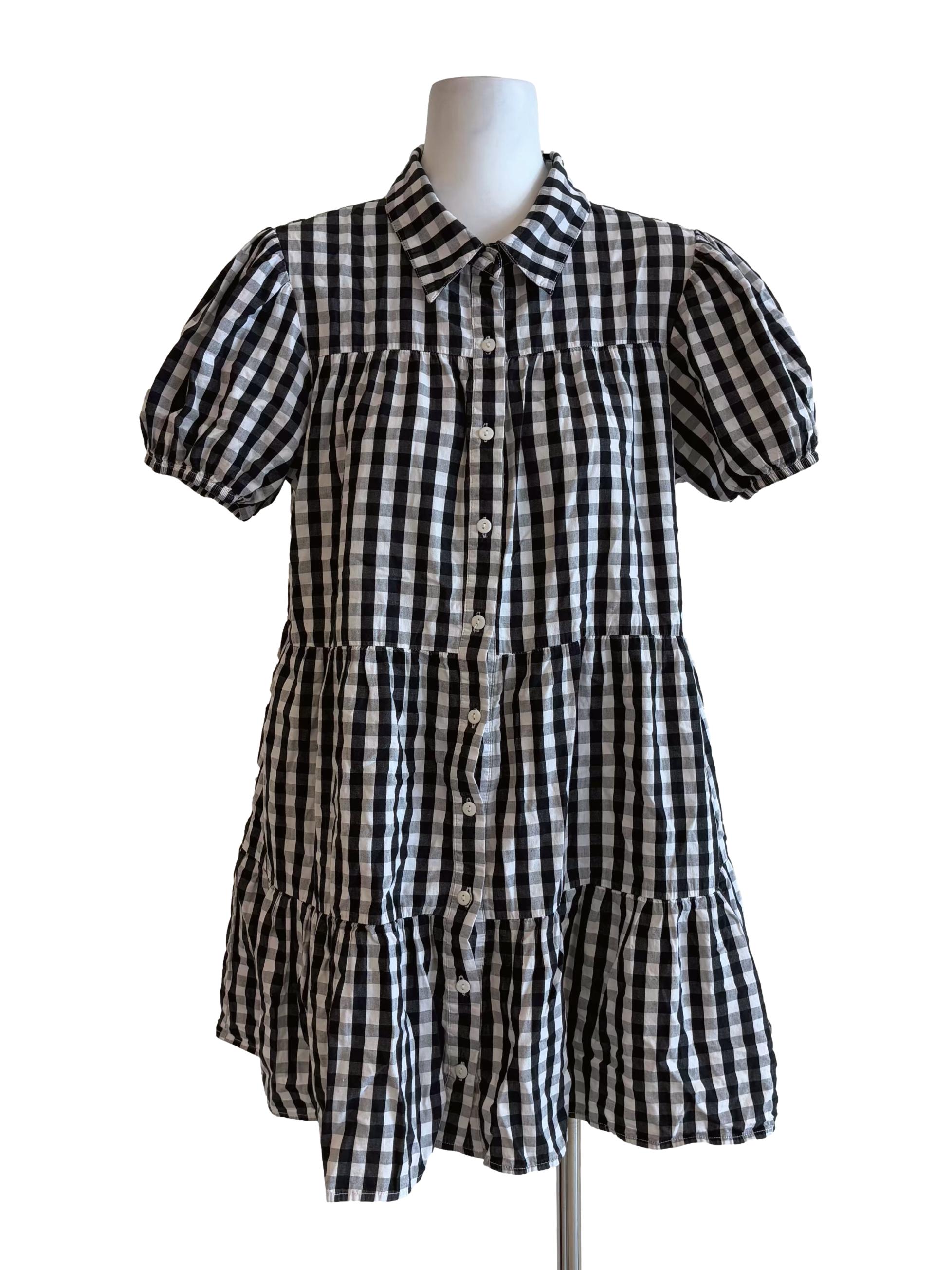 Black And White Checkered Puff Sleeve Button Dress