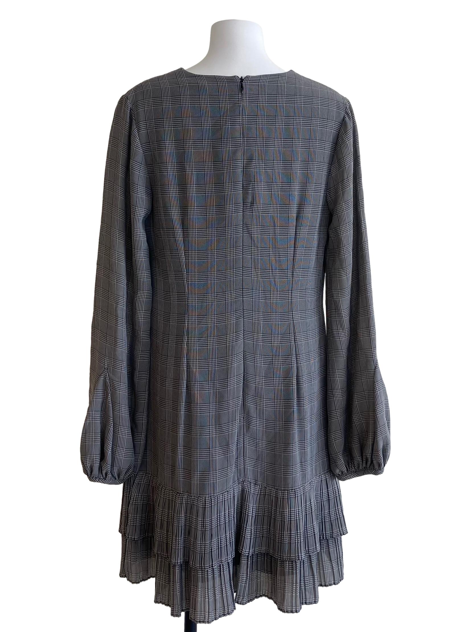 Black Tartan V-Neck Pleated Drop Waist Dress