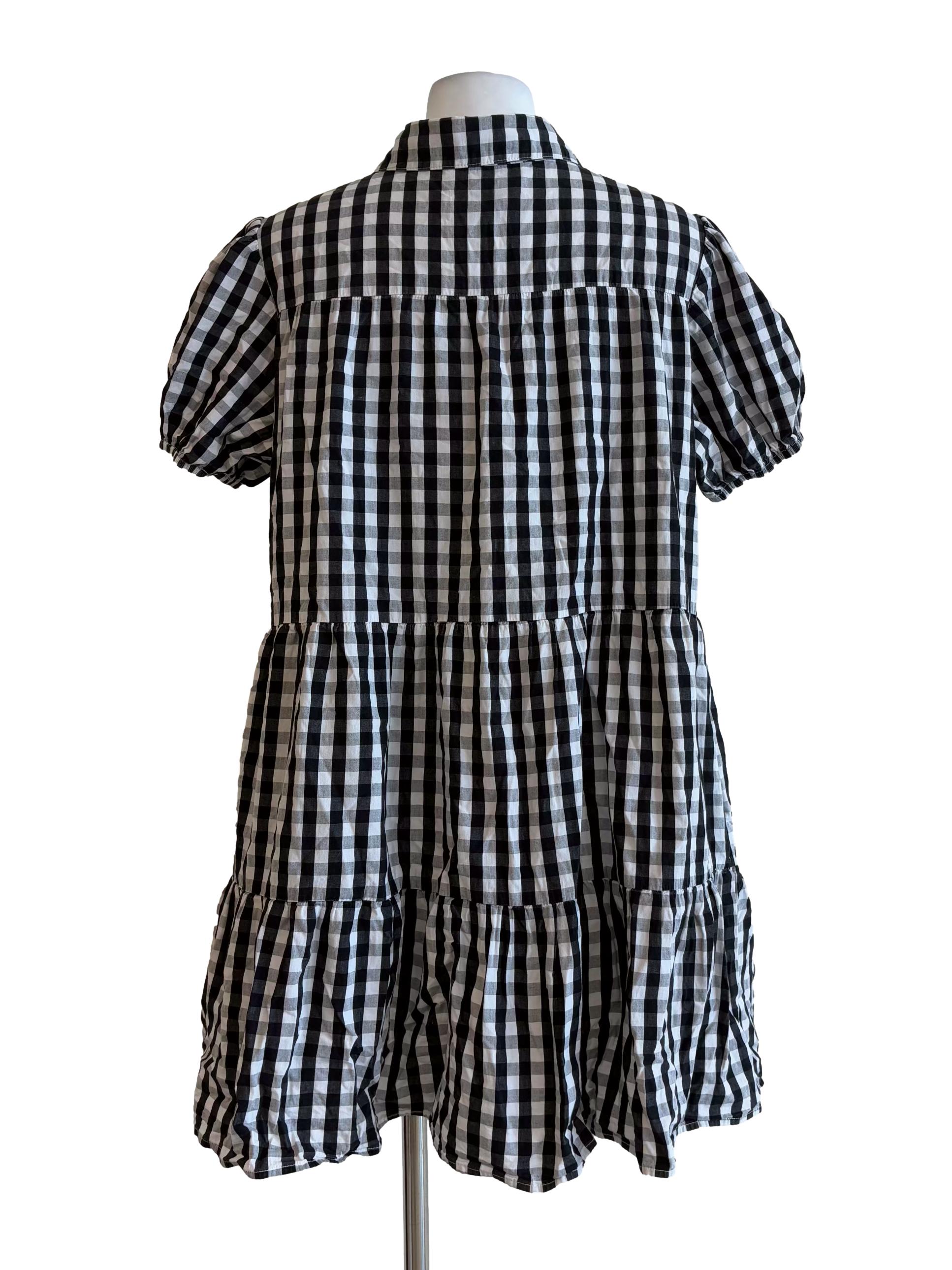 Black And White Checkered Puff Sleeve Button Dress