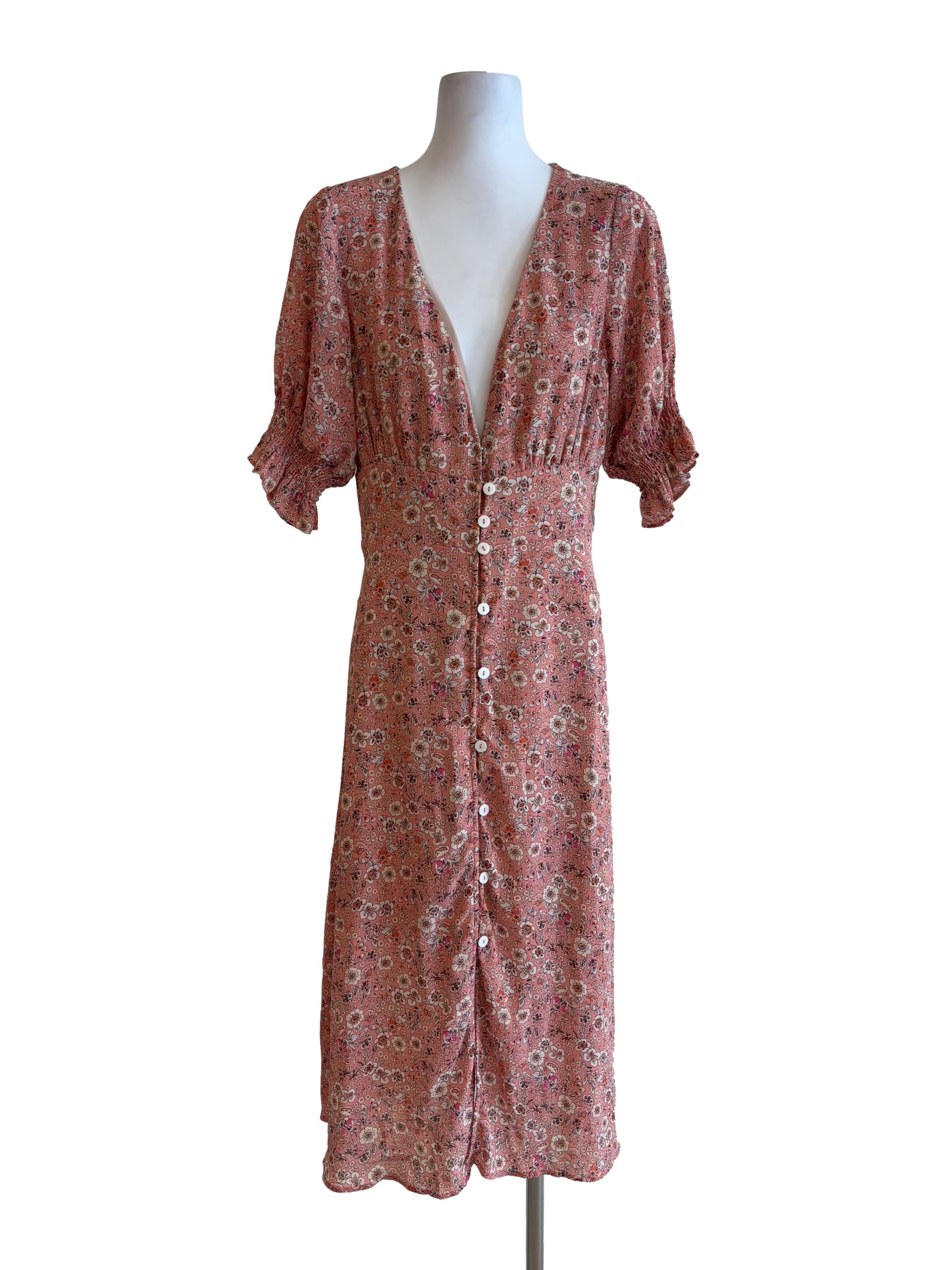 Peach Pink Floral Buttoned Sun Dress