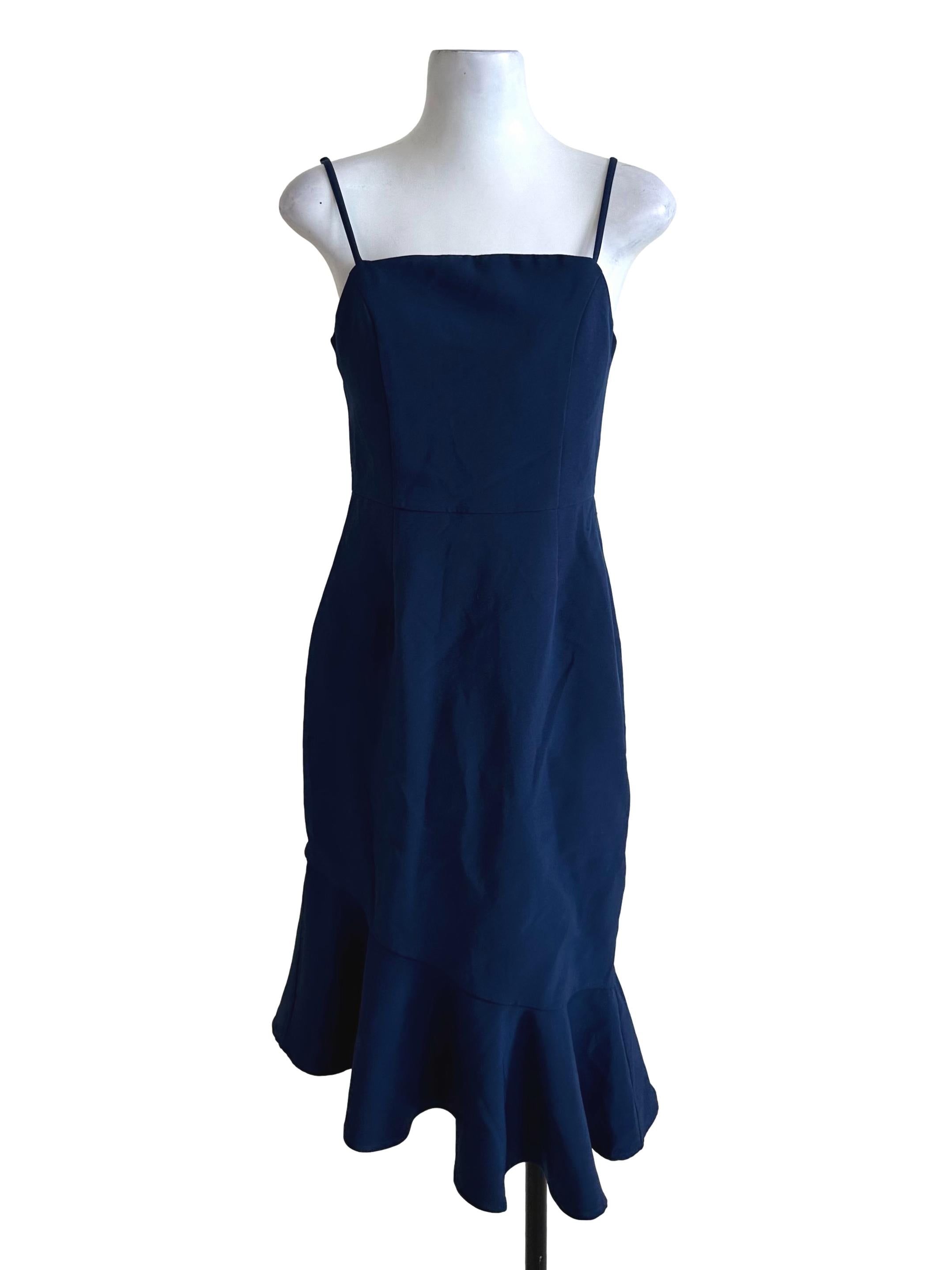 Navy Blue Square Neck Ruffle Asymmetric Dress