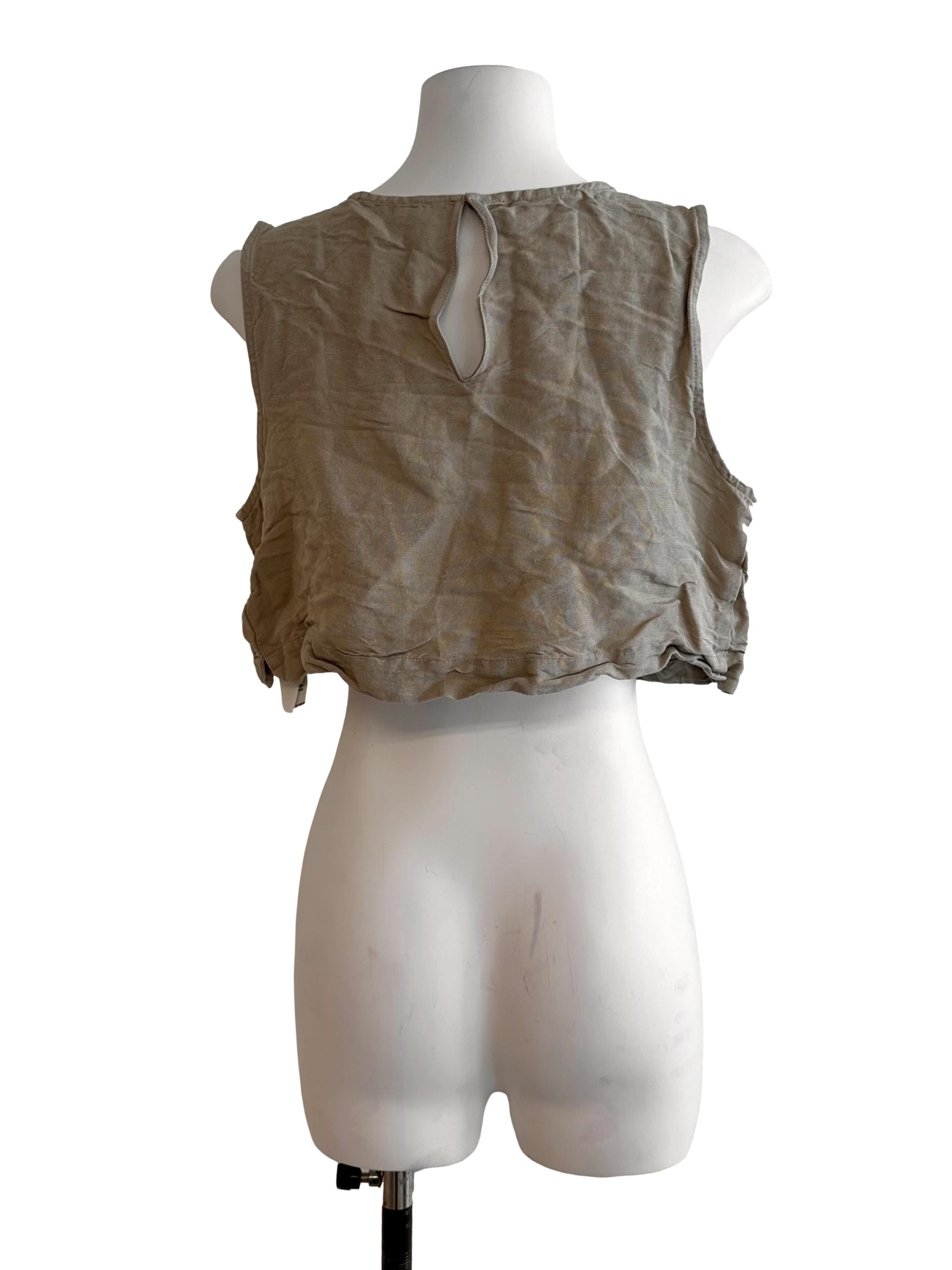Coffee Brown Round Neck Linen Crop Top LB