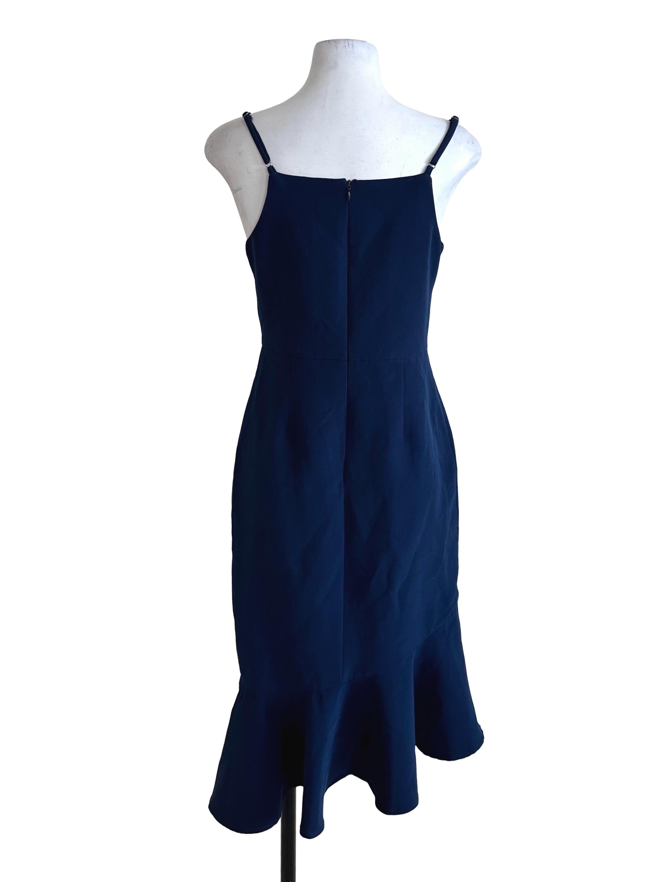 Navy Blue Square Neck Ruffle Asymmetric Dress