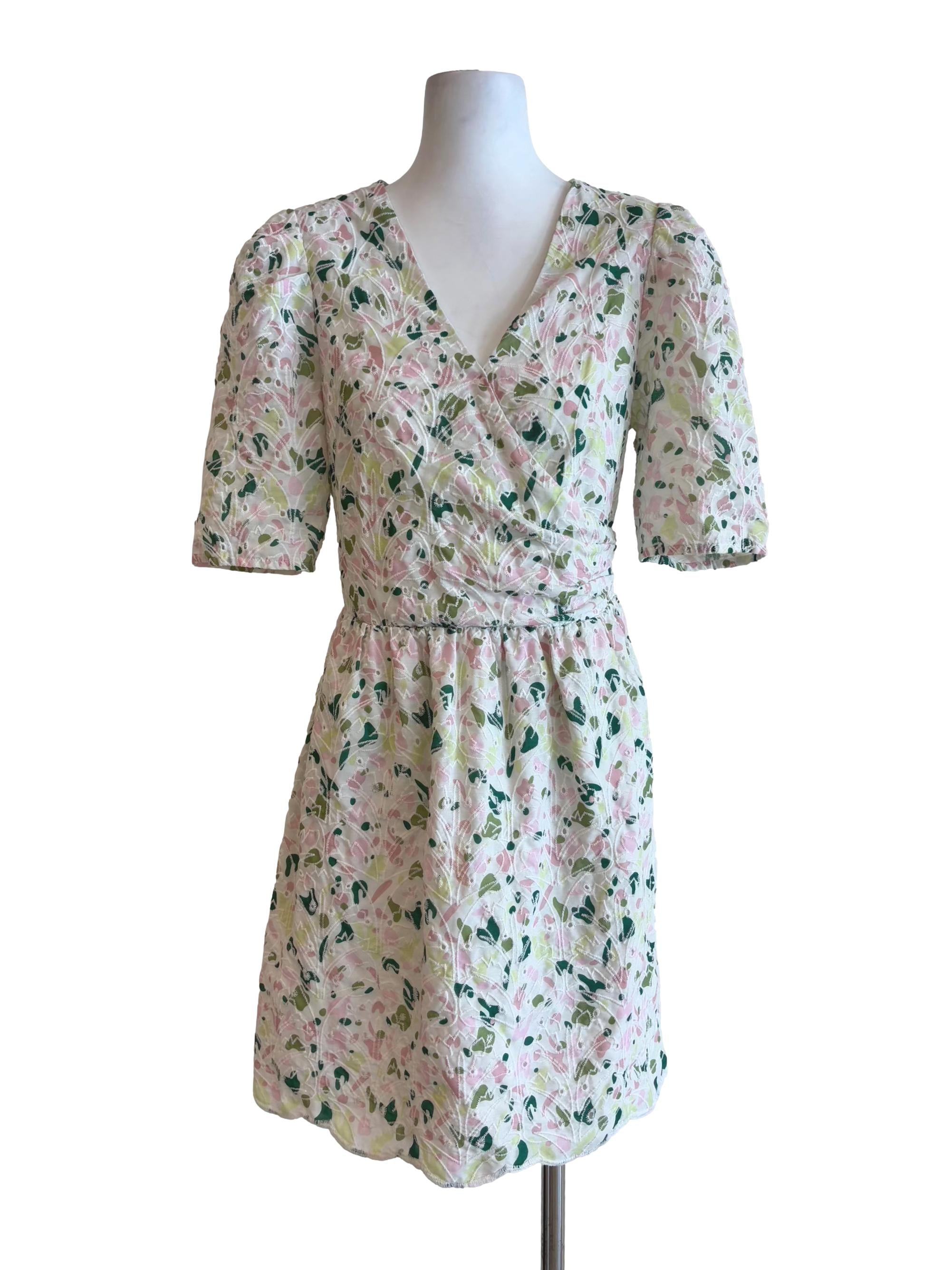 Pearl White Pink Green Patterned Eyelet Dress