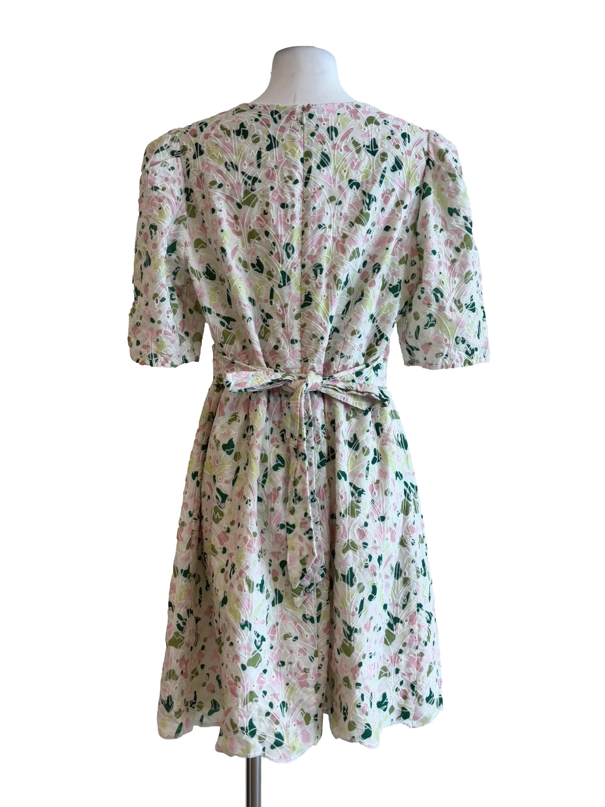 Pearl White Pink Green Patterned Eyelet Dress