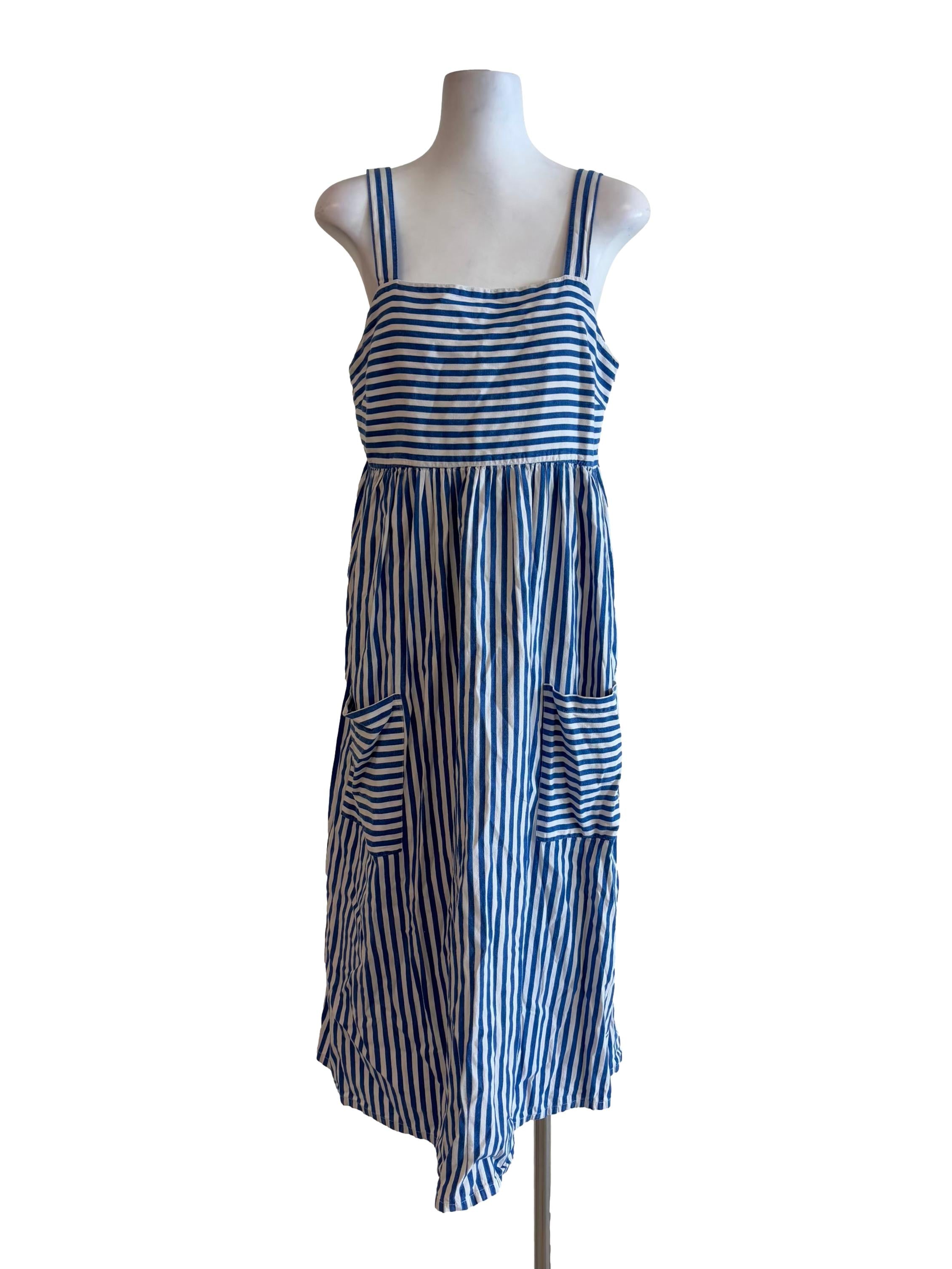 Lapis Blue White Stripe Apron Neck Dress