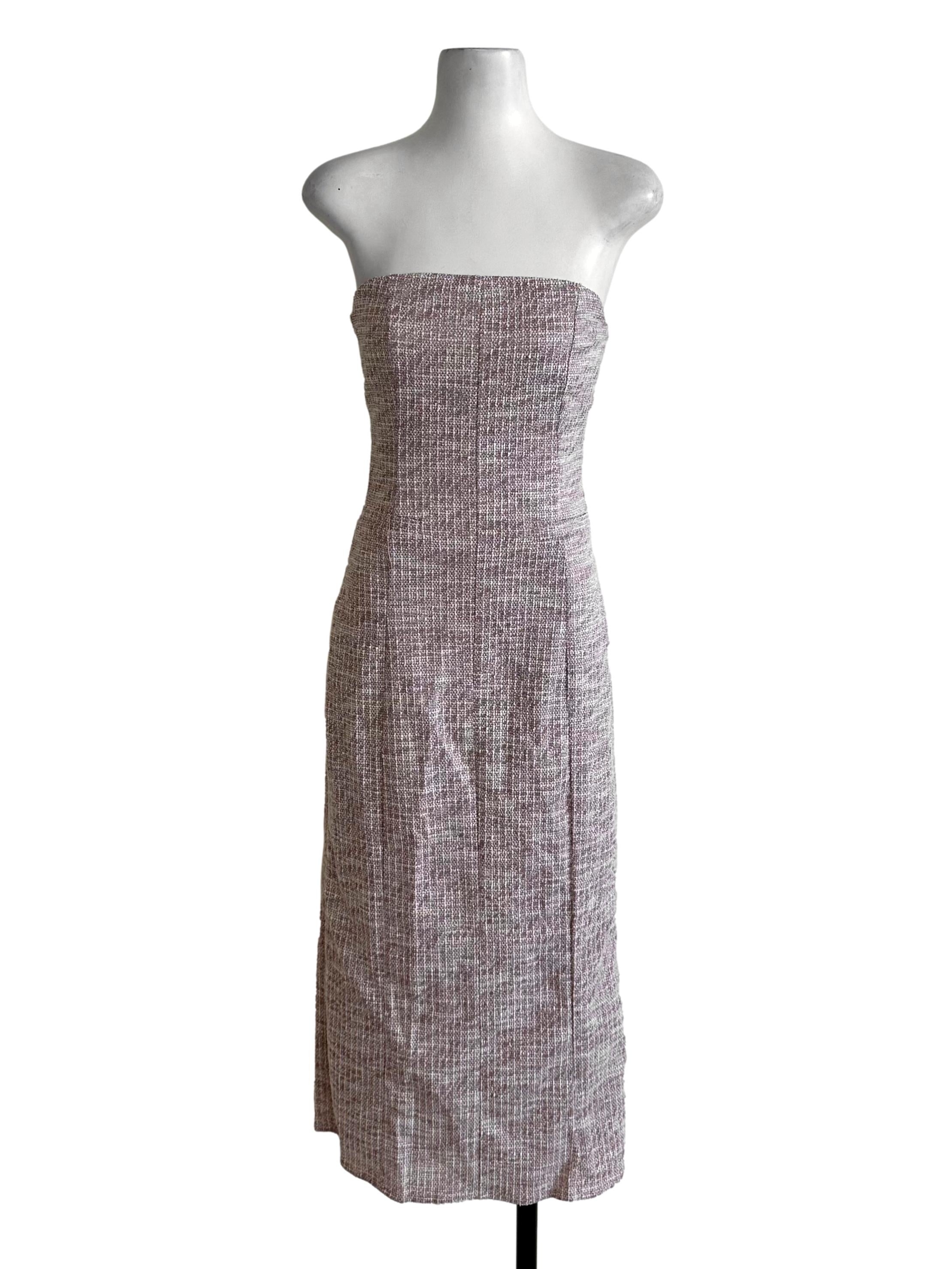 Light Pink Tweed Textured Strapless Slit Dress