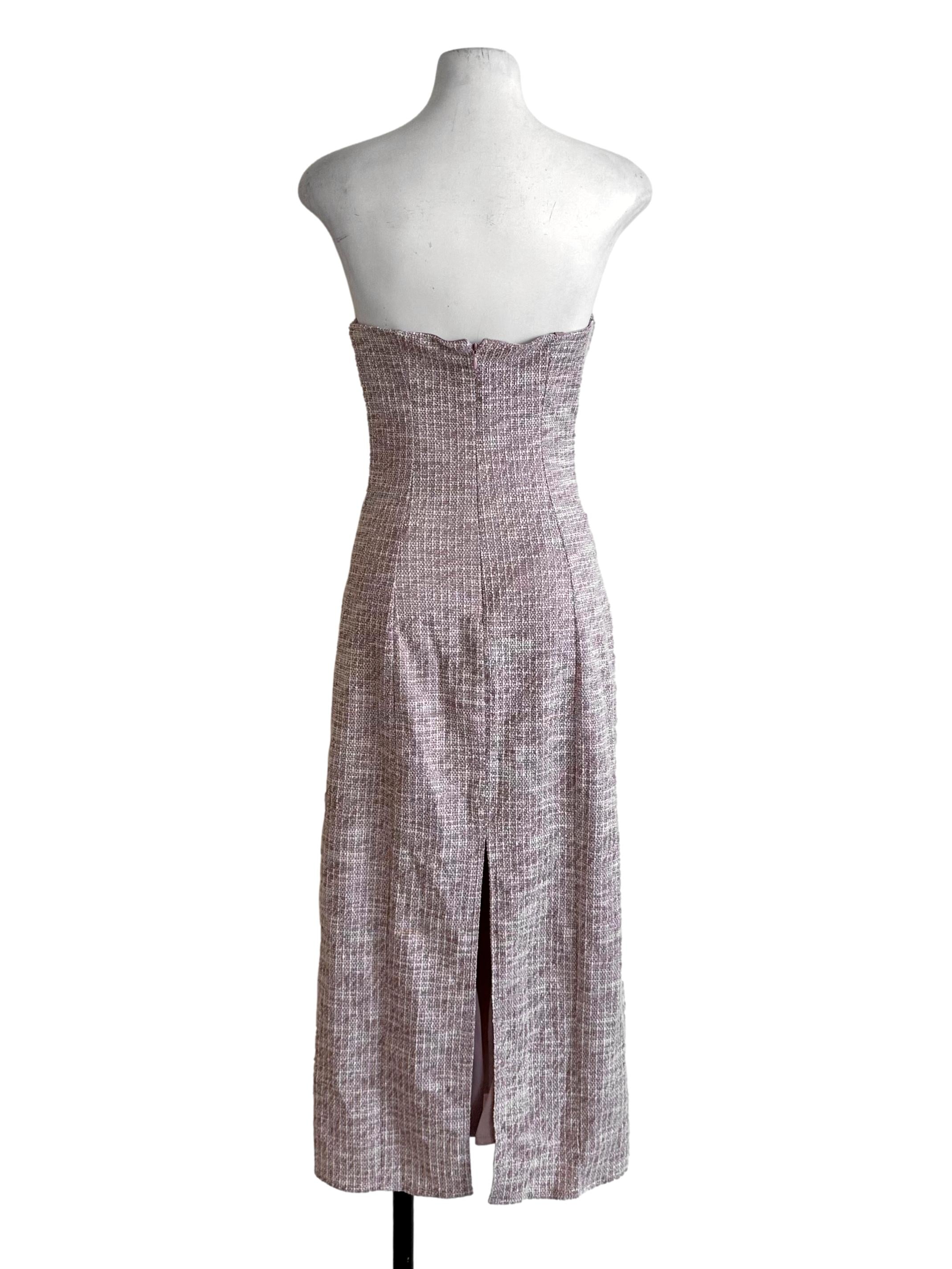 Light Pink Tweed Textured Strapless Slit Dress