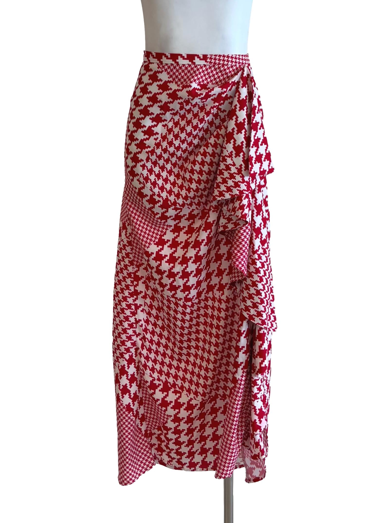 Red And White Houndstooth Ruffle Skirt