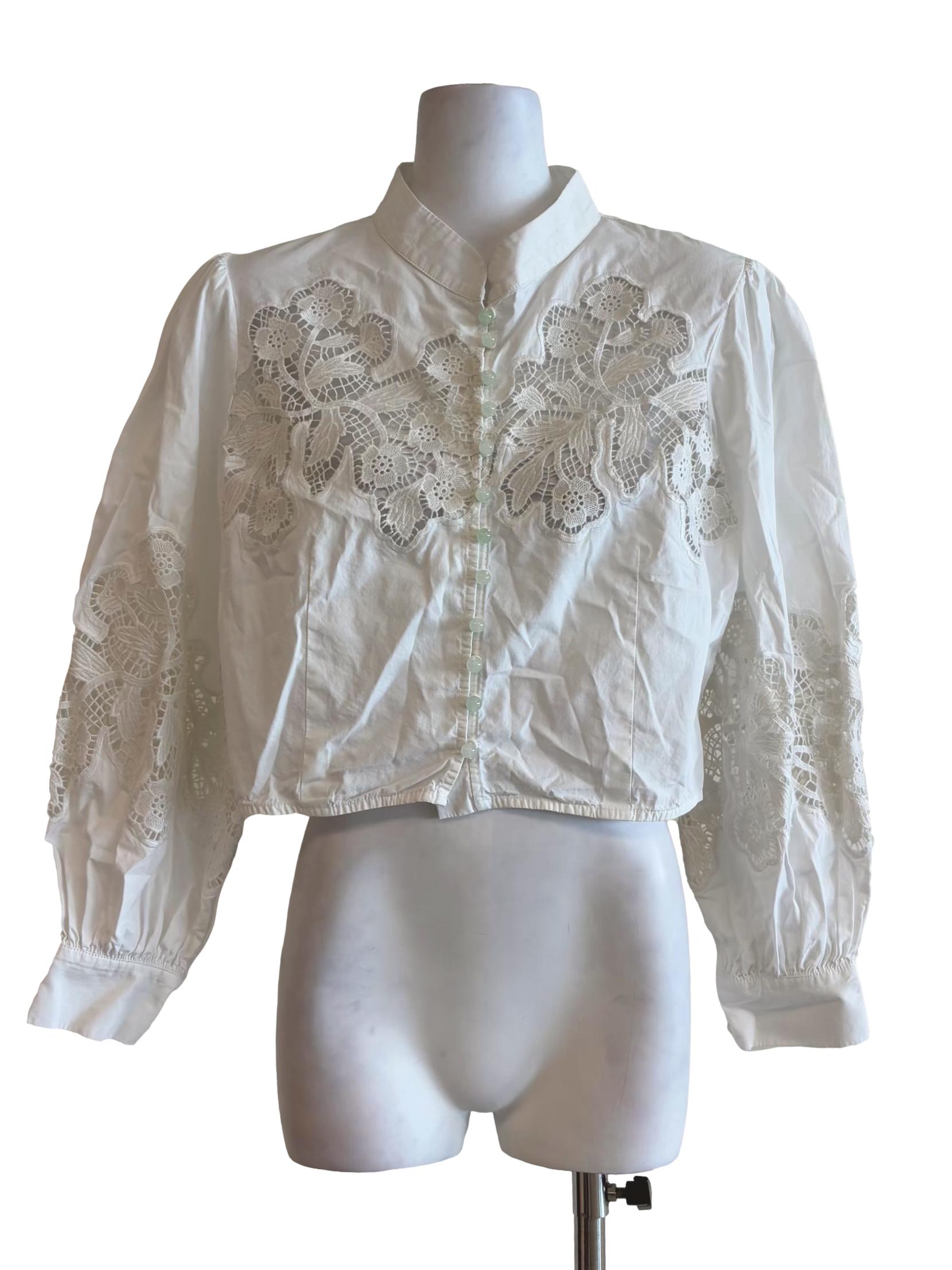 Powder White Cotton Embroidered Blouse