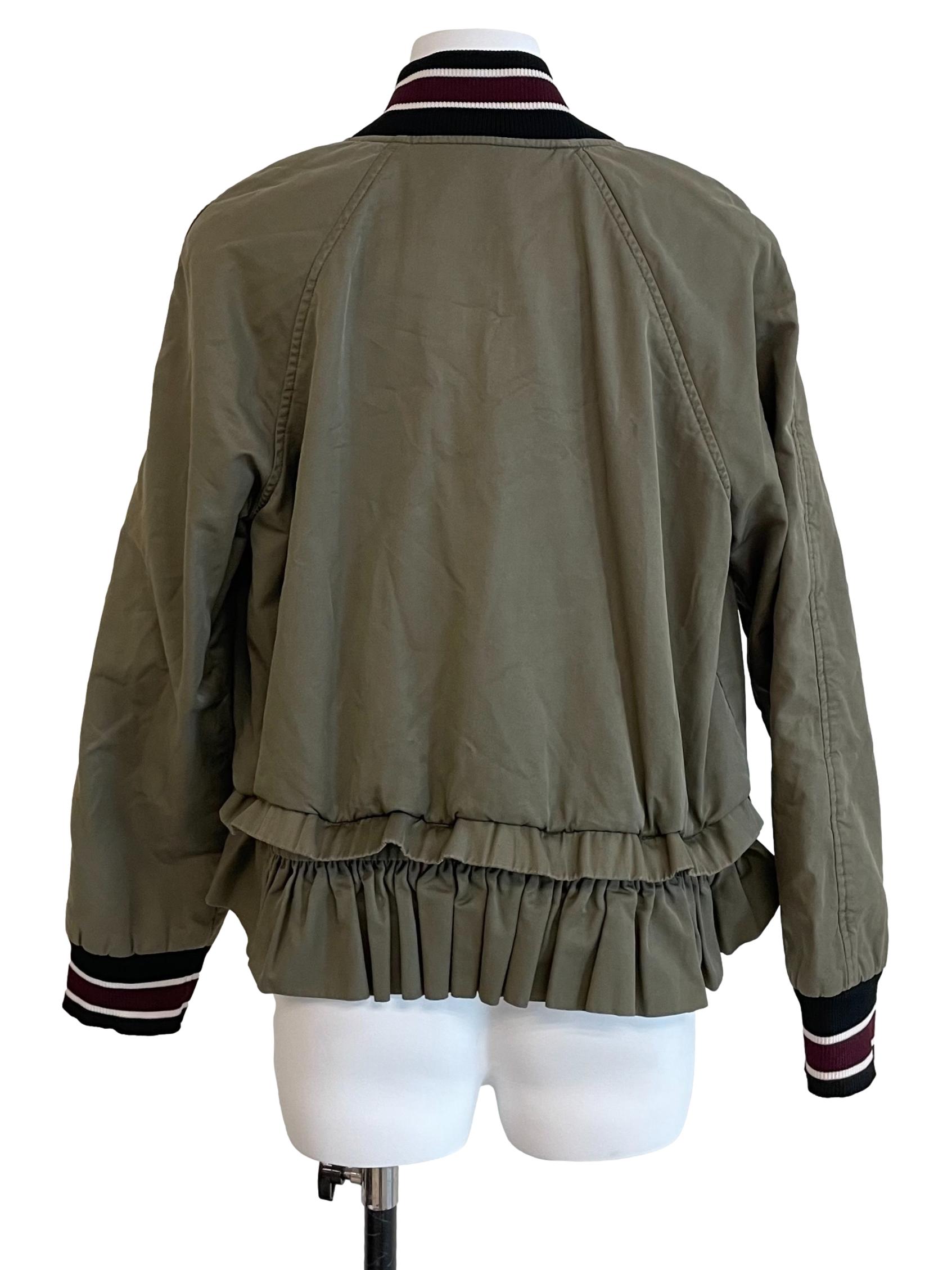 Dusty Olive Ruffled Zip Up Bomber Jacket