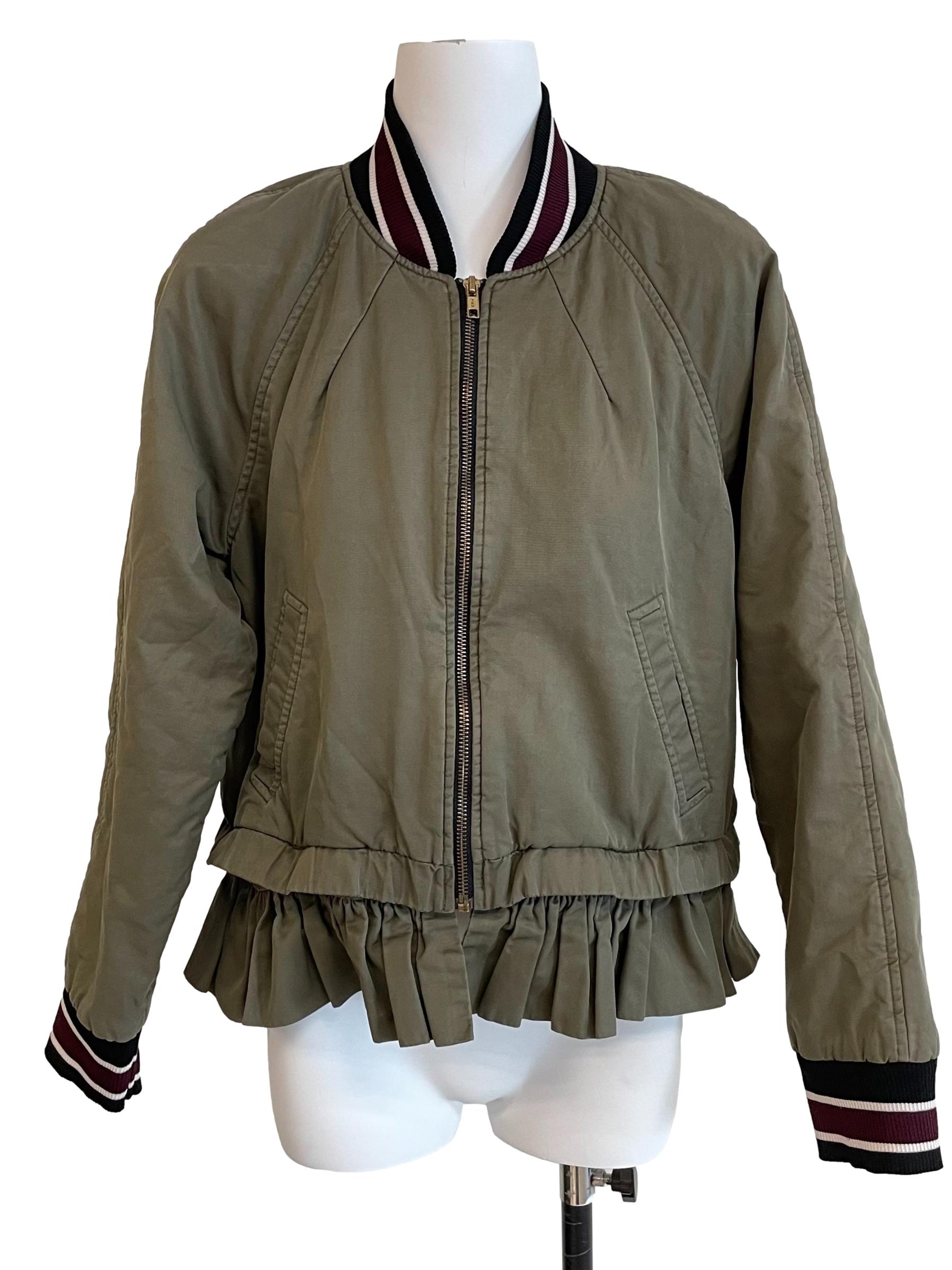 Dusty Olive Ruffled Zip Up Bomber Jacket
