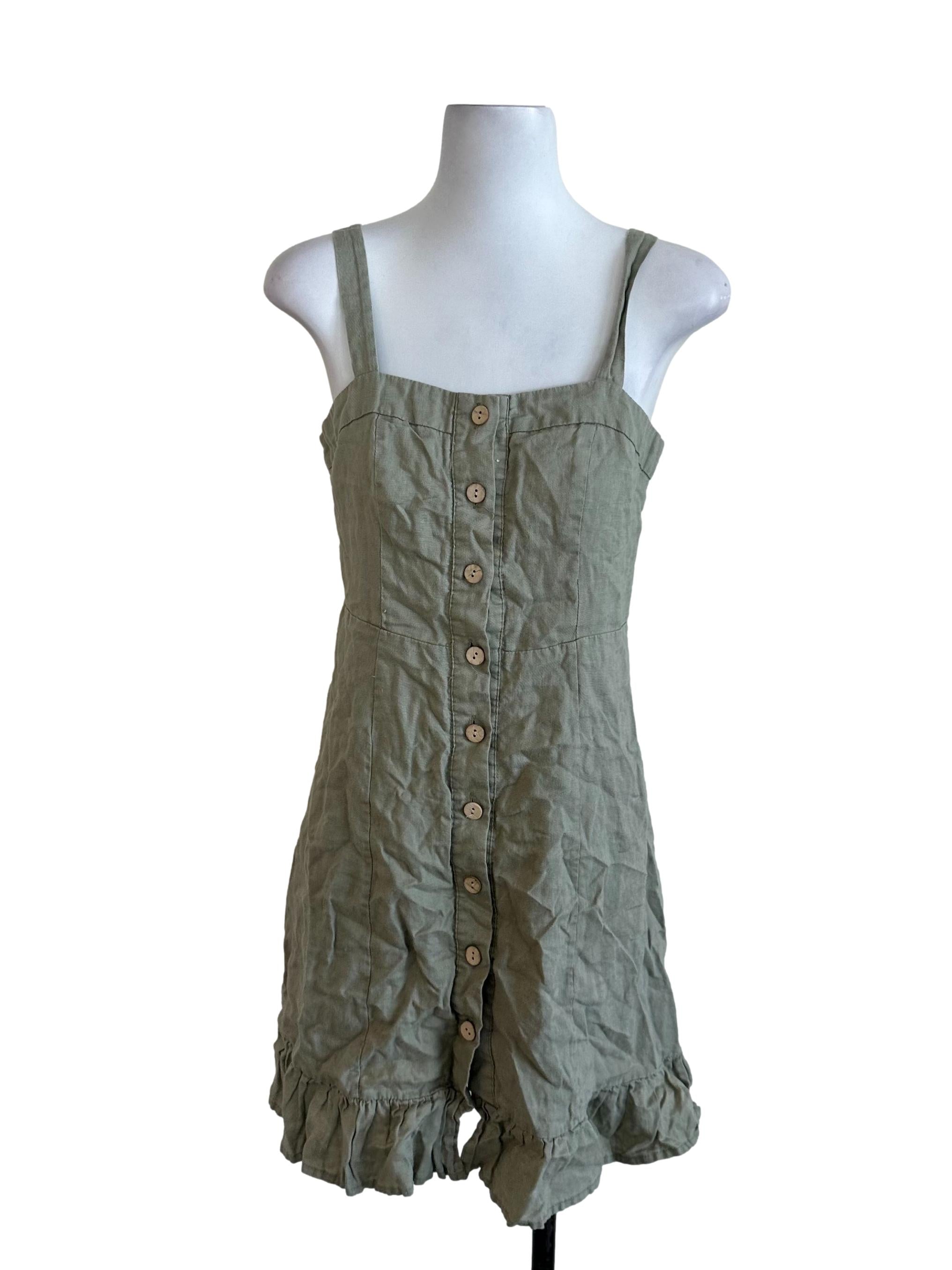 Sage Green Plain Button Dress