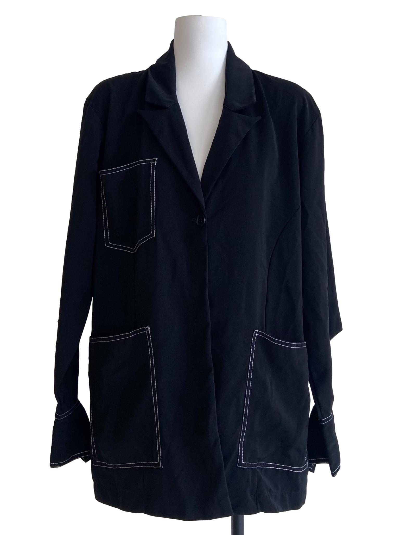 Black V-Neck Twill Blazer