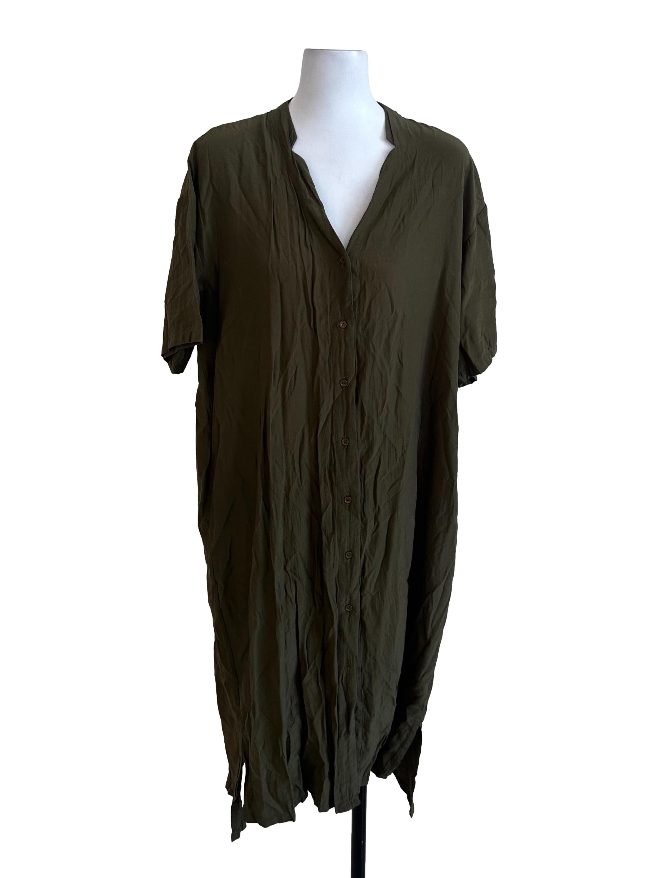 Moss Green Plain Shirt Dress