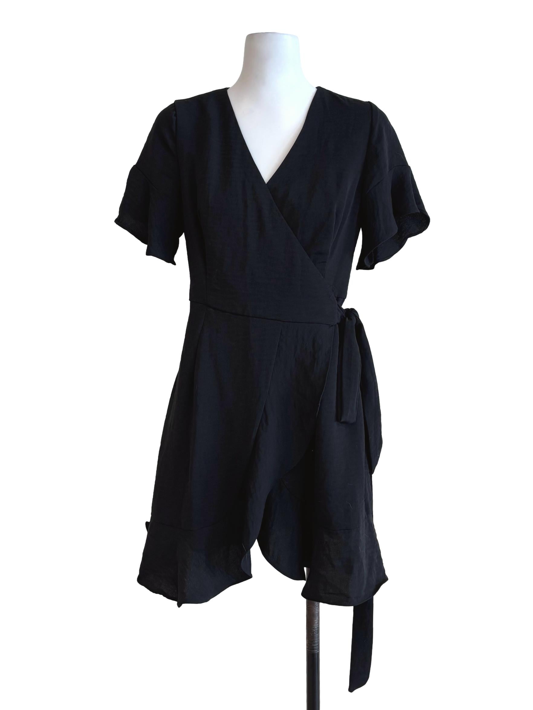 Soft Black Surplice Side Tie Dress TEM