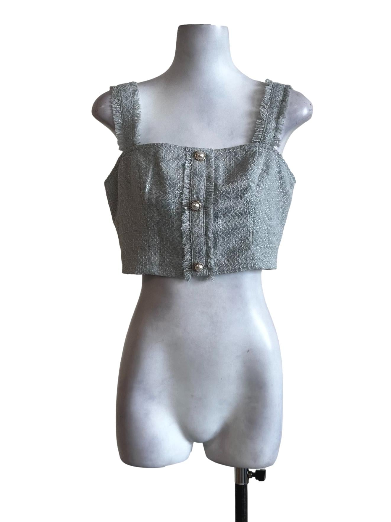 Teal Blue Twill Pattern Crop Top
