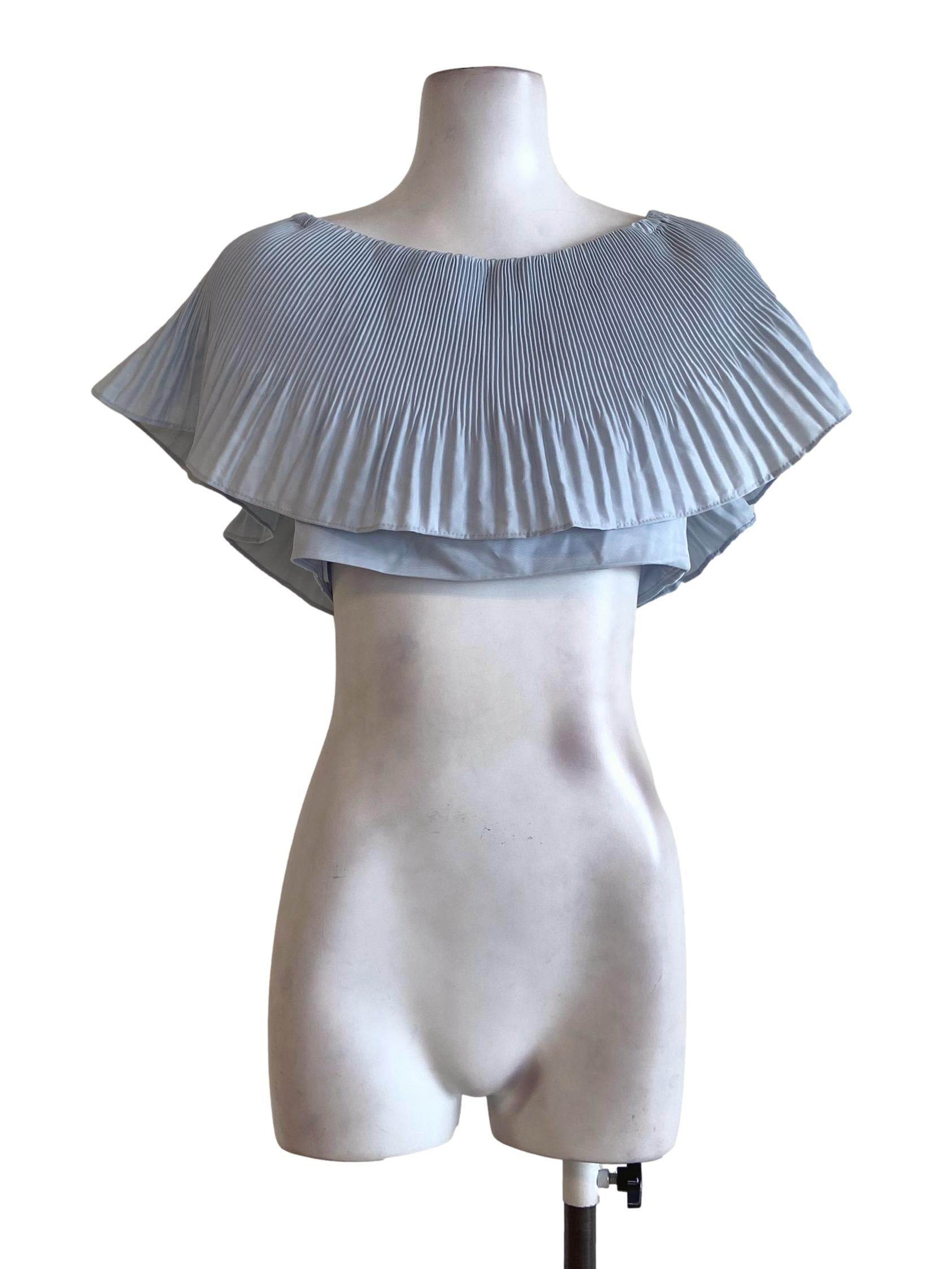 Sky Blue Accordion Ruffle Neck Crop Top