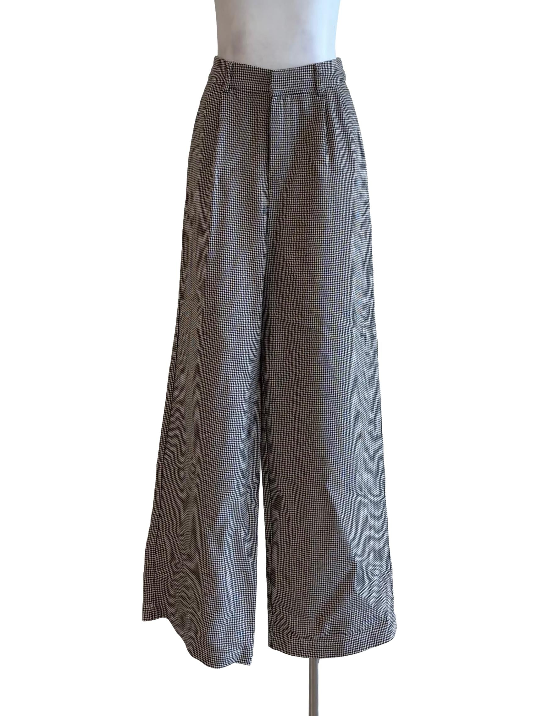 Brown And White Houndstooth Wide Leg Pants