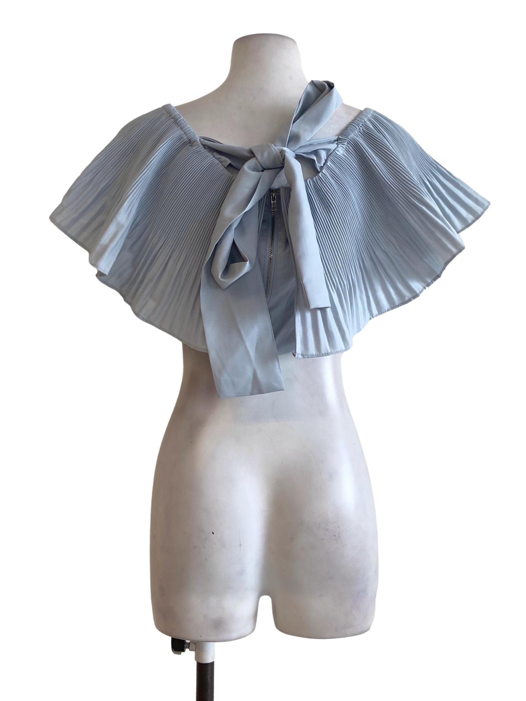 Sky Blue Accordion Ruffle Neck Crop Top