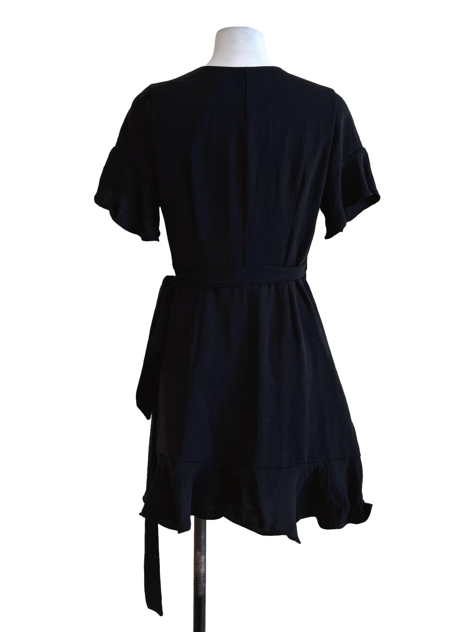 Soft Black Surplice Side Tie Dress TEM