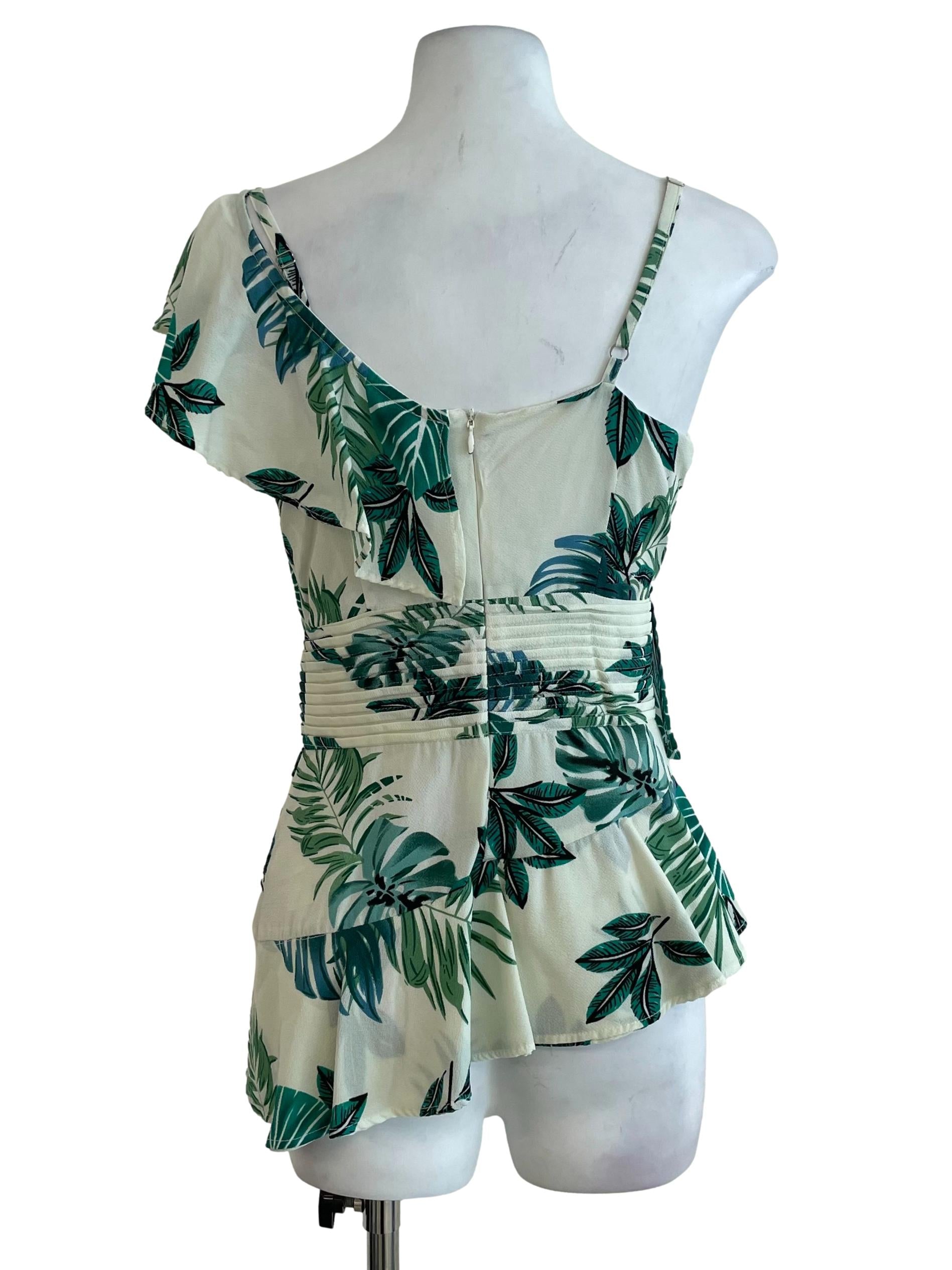 Green Tropical Print Ruffle Top