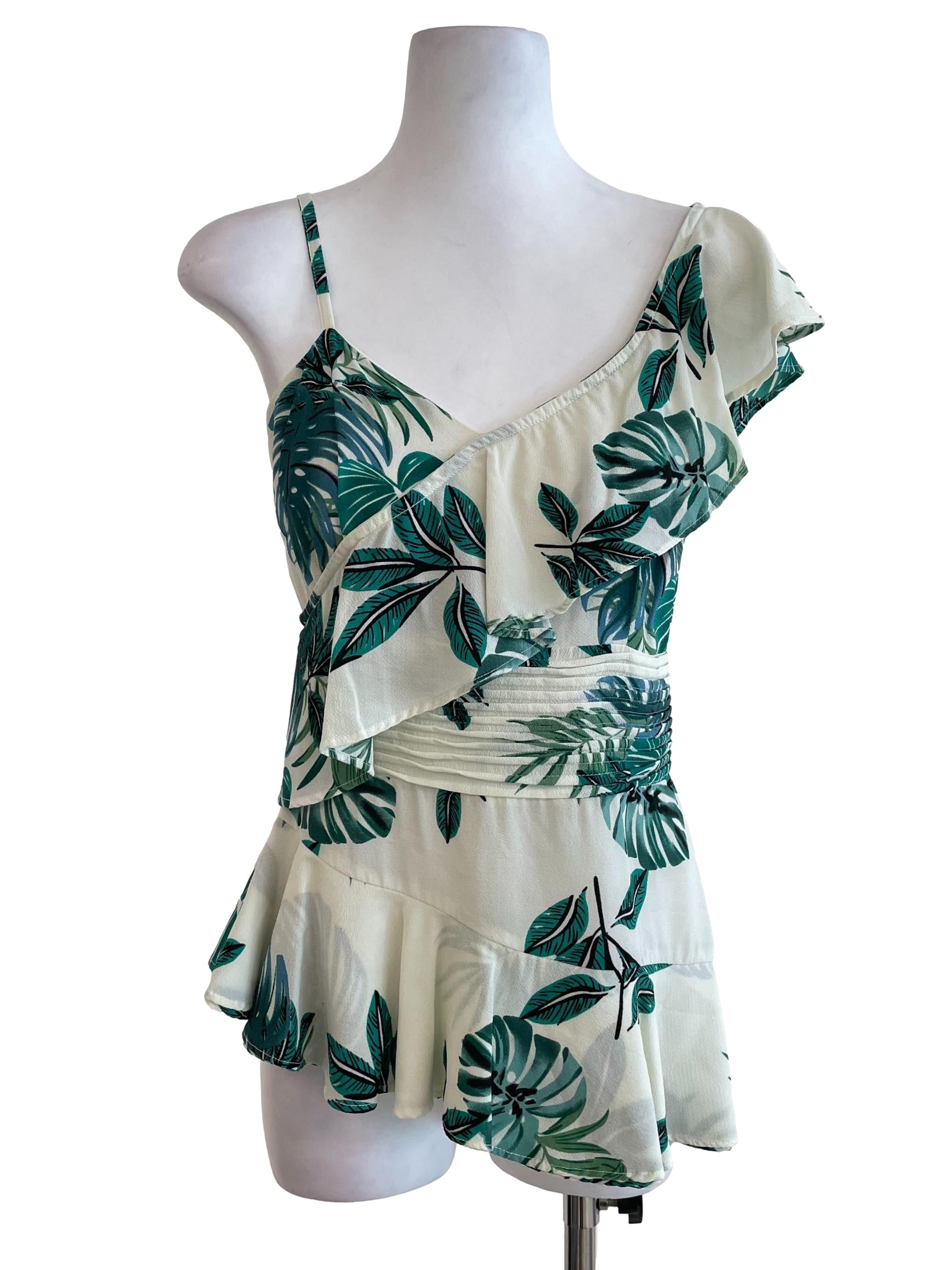 Green Tropical Print Ruffle Top