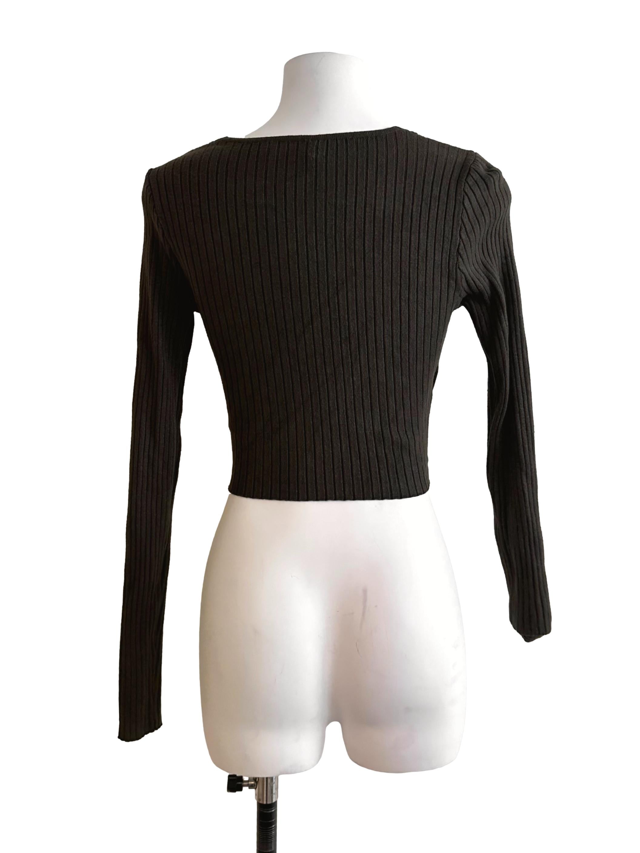 Oak Brown Knit Overlap V Neck Top