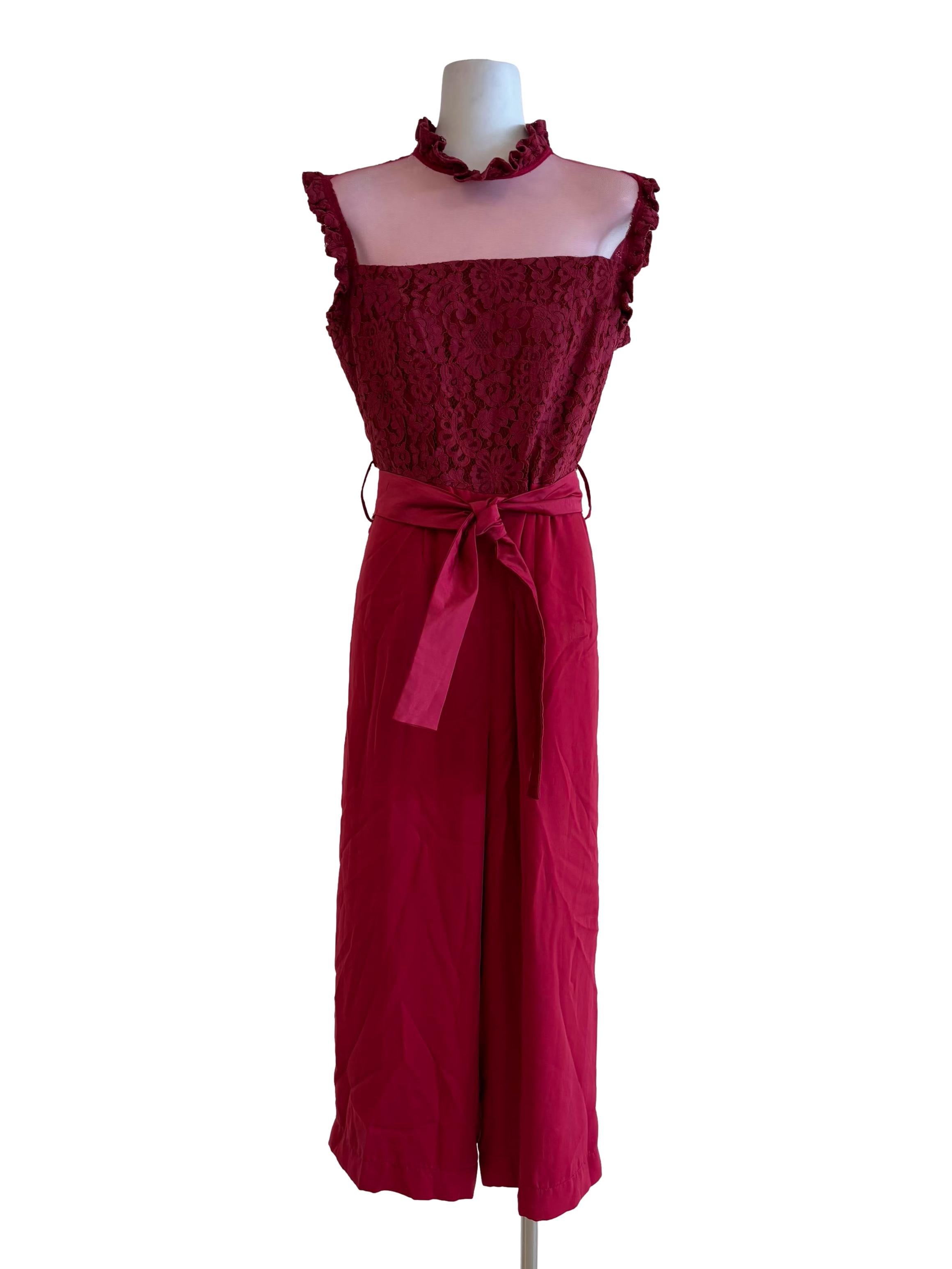 Ruby Red Illusion Neck Lace Sleeveless Jumpsuit