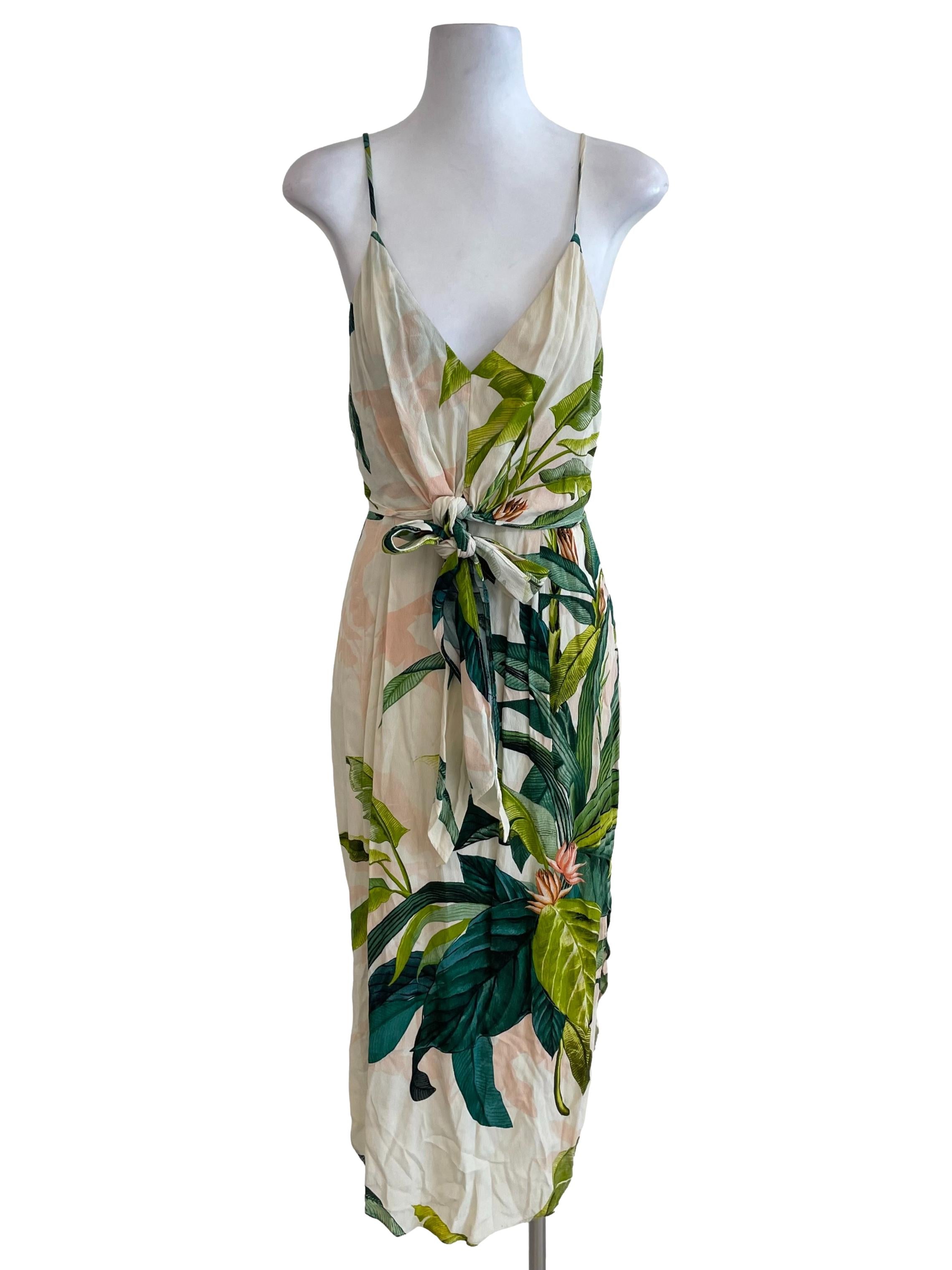 Cream Tropical V Neck Cami Dress