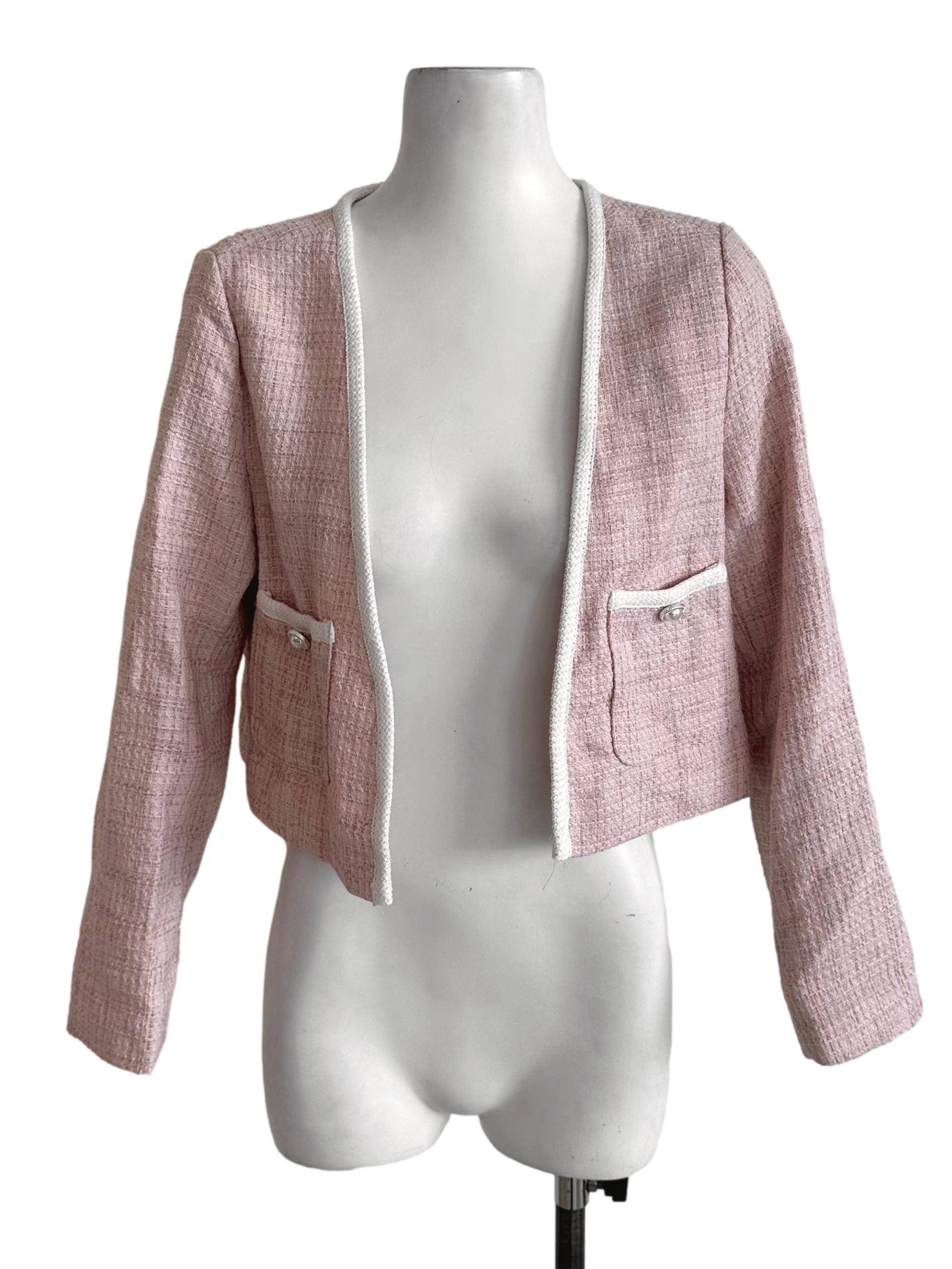 Light Pink Tweed Textured Front Open Jacket