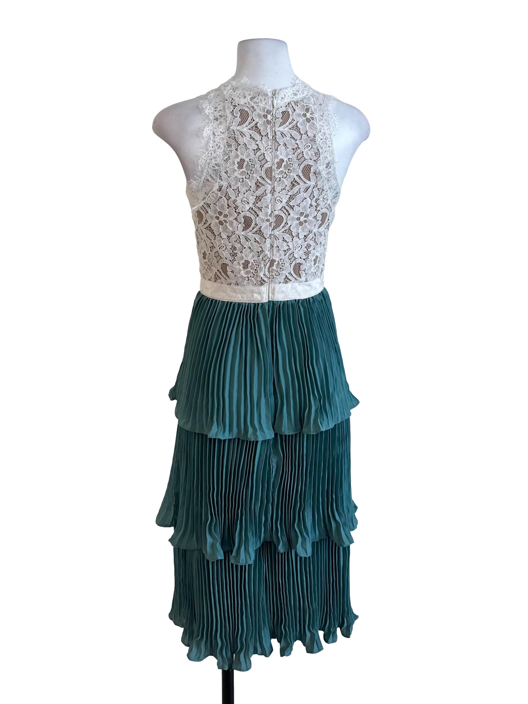 White Green Lace Pleated Dress