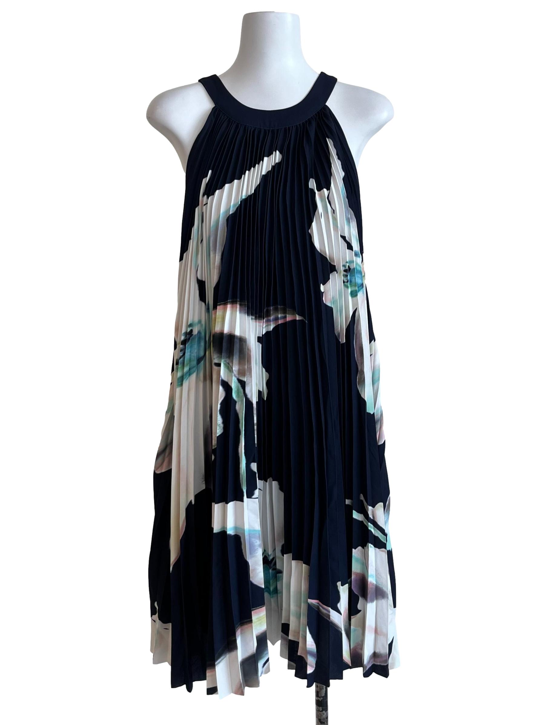 Navy Blue Abstract Floral Halter Dress
