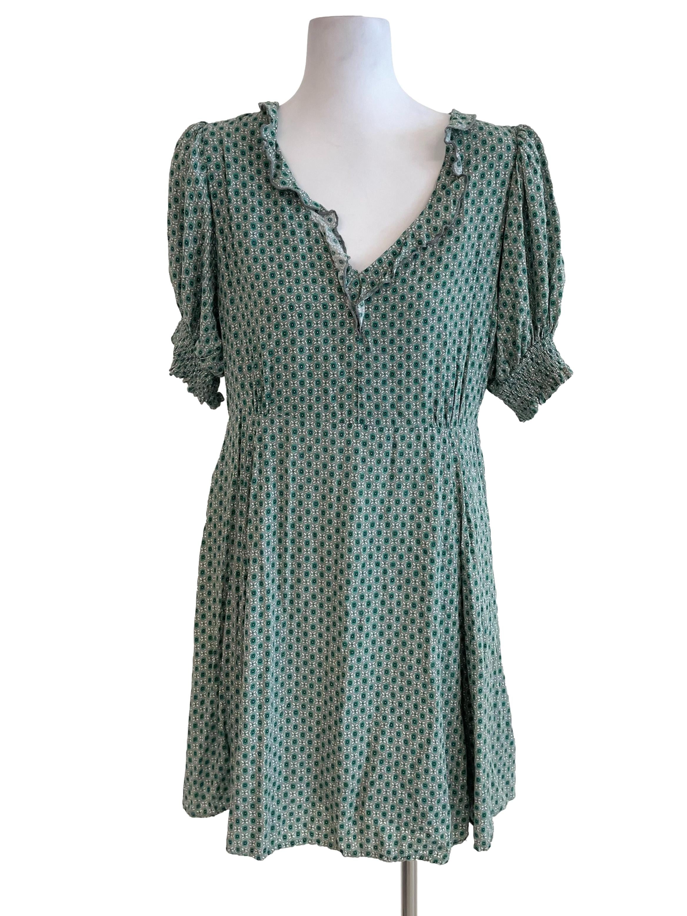Green Shirred Sleeves Dress