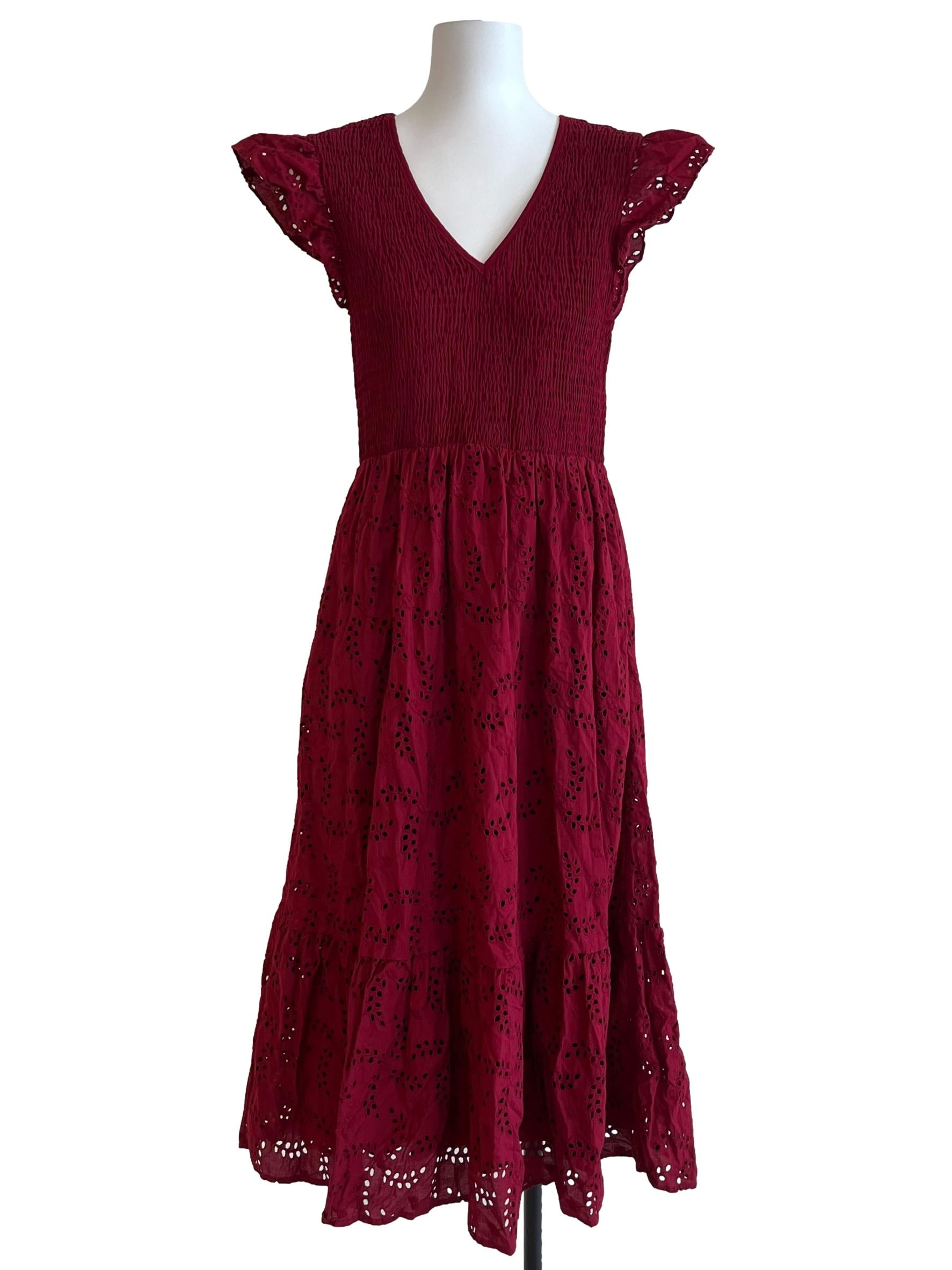 Cherry Red V-Neck Eyelet Dress