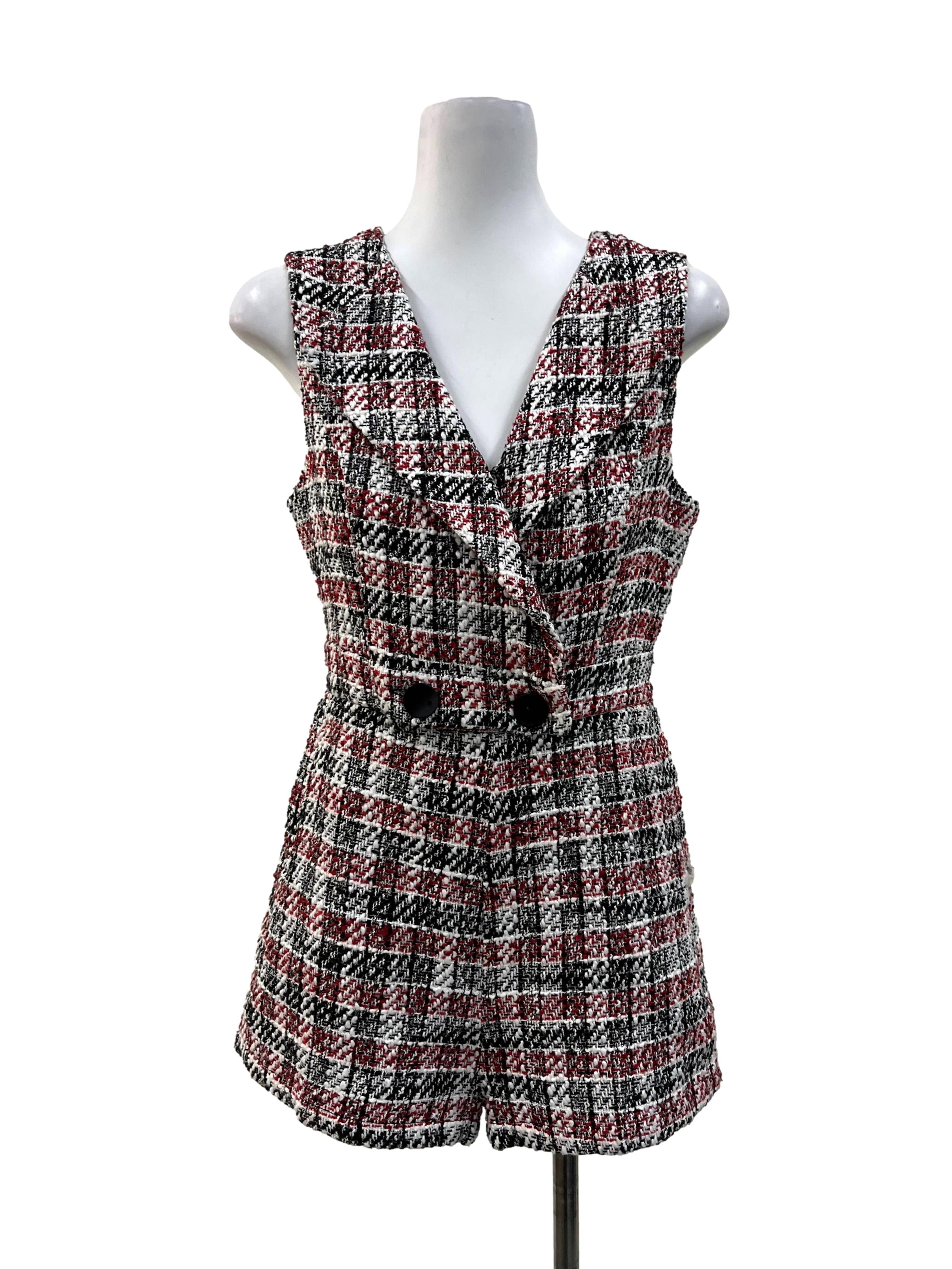 Black White Red Plaid Romper