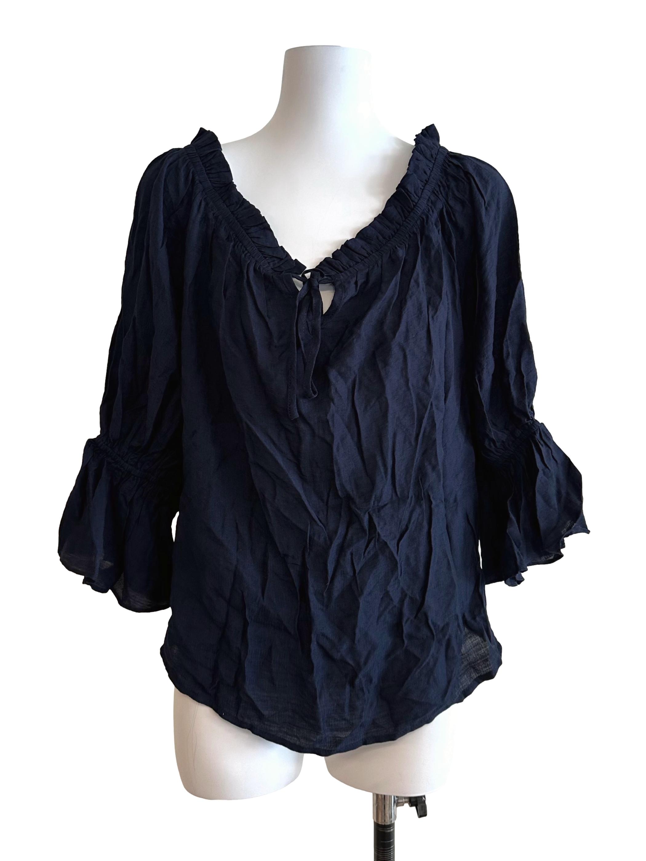 Navy Blue Ruffle V Neck Casual Top
