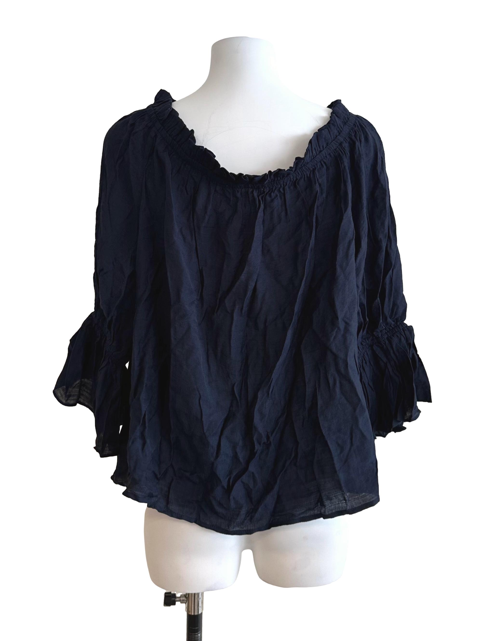 Navy Blue Ruffle V Neck Casual Top